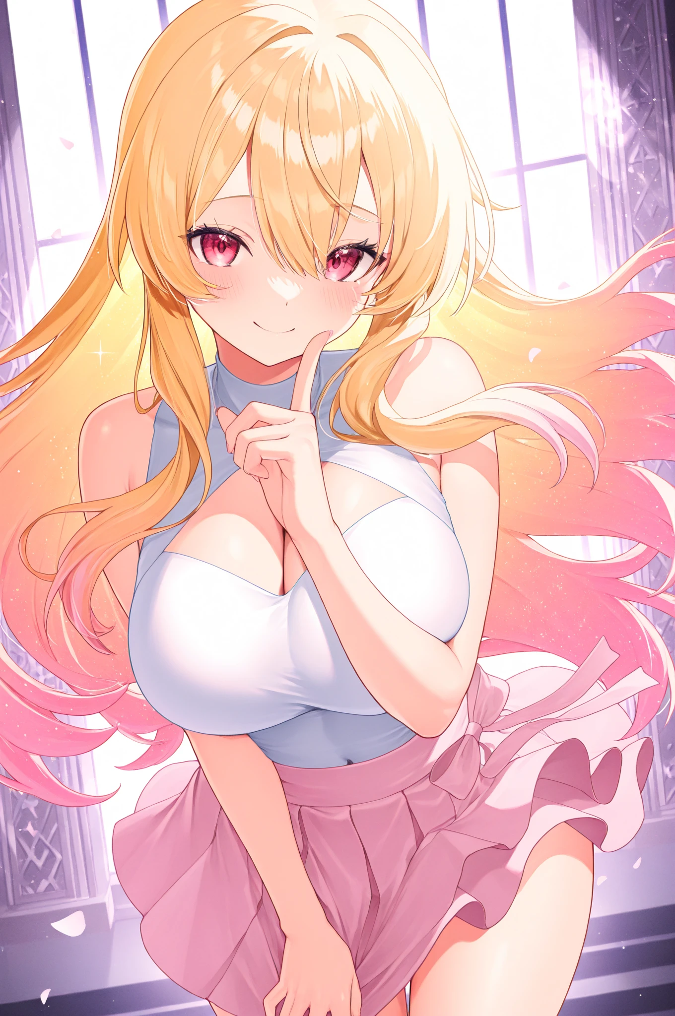 1 girl, blonde hair, blonde woman, hairlong, bright pink eyes, pastel colours, cute hairpins on hair and clothes, Sexy costume, large breasts, Halo, arms outstretched to the viewer, angel wings, the wind, looking a viewer, lens flare,