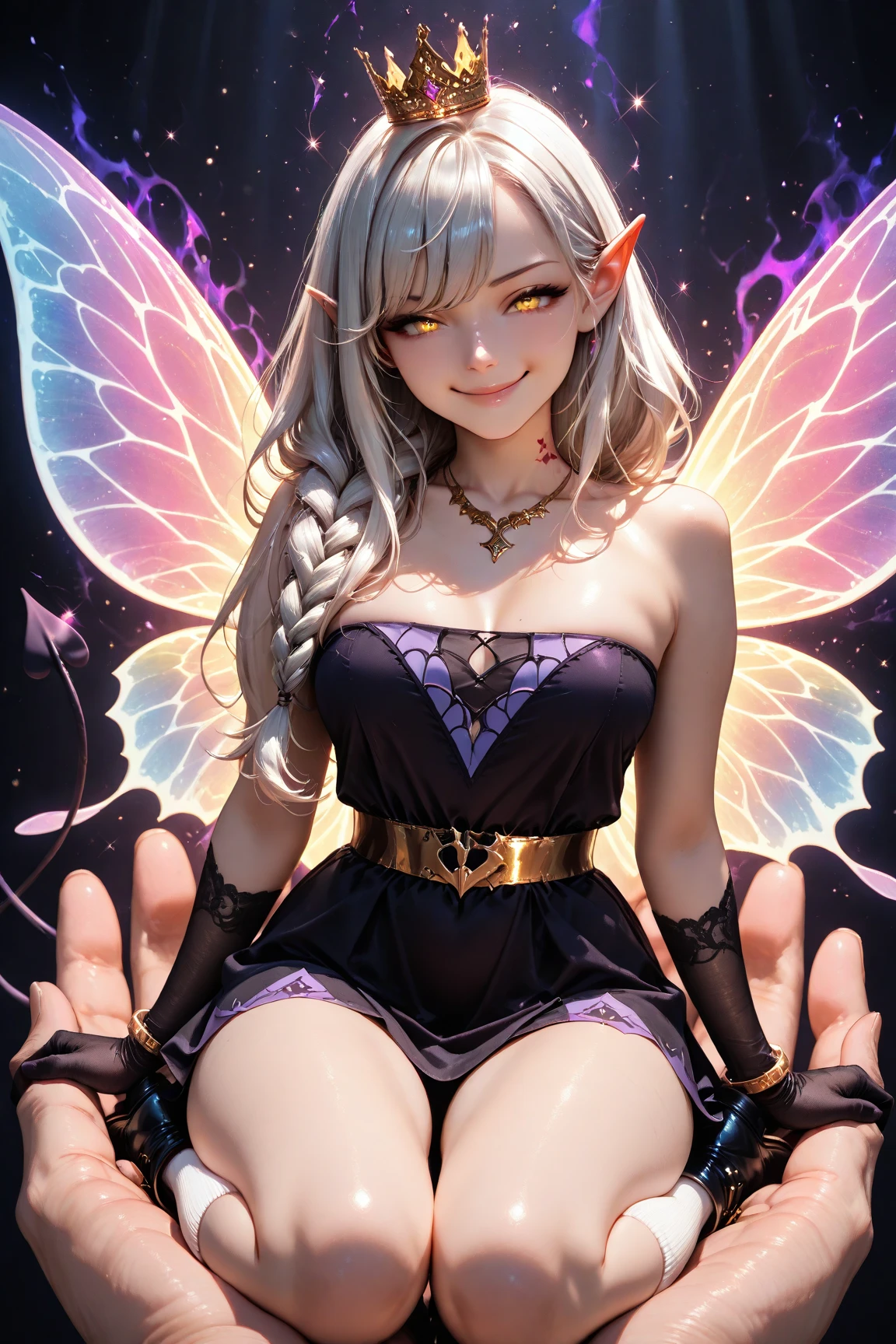 Masterpiece, Best quality, High quality, one anime girl, moth girl, crazy smile, pointy theeth, big black butterfly wings, Psychedelic, hight resolution, hightly detailed, ray tracing, butterfly antenna, white hair