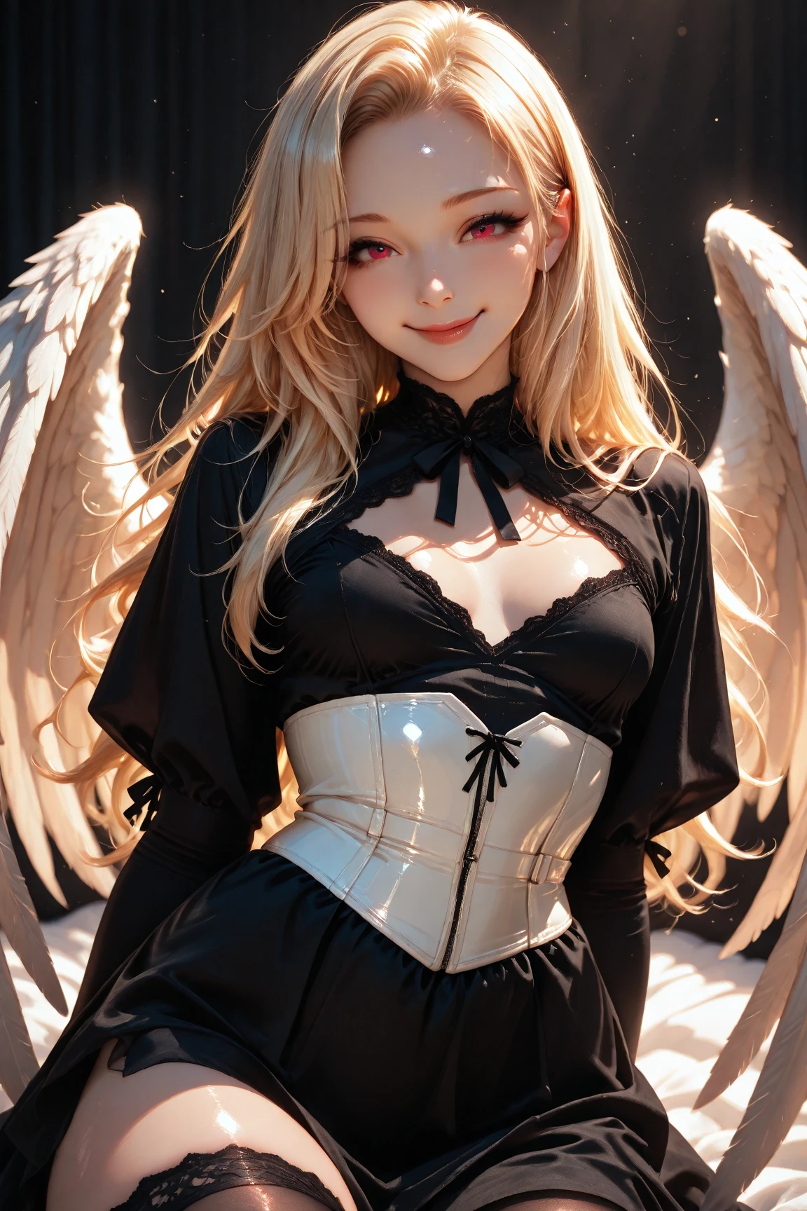 この画像の詳細なpromptは以下の通りです。
**prompt**:
This scene、It depicts a beautiful Japanese girl with a magical charm.。She has long white hair and horns、overall妖艶でファンタジーな雰囲気を醸し出しています。The background is decorated with pastel flowers and abstract paintings.、It matches her beauty。The costume is made of a thin, see-through material.、The black leather bra top fits her body perfectly.、It emphasizes the glamor。The pose is relaxed with hands behind the head.、The face is tilted slightly upwards and looking at the camera.。In contrast to the soft colors of the background、Her costume and wings are dark.、The contrast is enhanced。It consists of a vertical screen.、The balance of light and shadow is perfect、The transparency of the skin and the texture of the clothes are depicted realistically.。overall、The result is a live-action-style finish that combines fantasy with realism.。