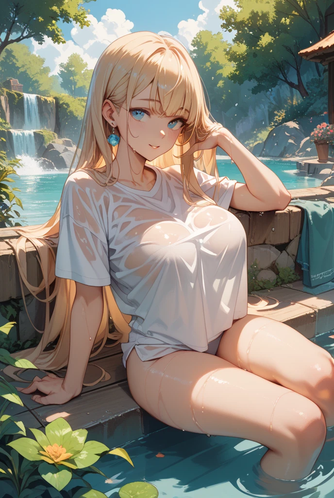 (Background with:ponds,Cherry blossom forest,lotus flower)Lie underwater, She has long blonde hair,seen from the front,mostly cloudy sky,(((tmasterpiece),(Very detailed CG unity 8K wallpaper),best qualtiy,cinmatic lighting,detailed back ground,beatiful detailed eyes,Bright pupils,Blue eyes,Snow-whiteskin,Redlip(Very fine and beautiful),(Beautiful and detailed eye description),ultra - detailed,tmasterpiece,))facing at camera,A high resolution,ultra - detailed),revealing breasts,Bare genitalia, Bulge,legs are open,Raised sexy,Camel toes,Desire for dissatisfaction,frontage,(Wearing :耳Nipple Ring, jewely, Denim apron, Bare )baseball cap