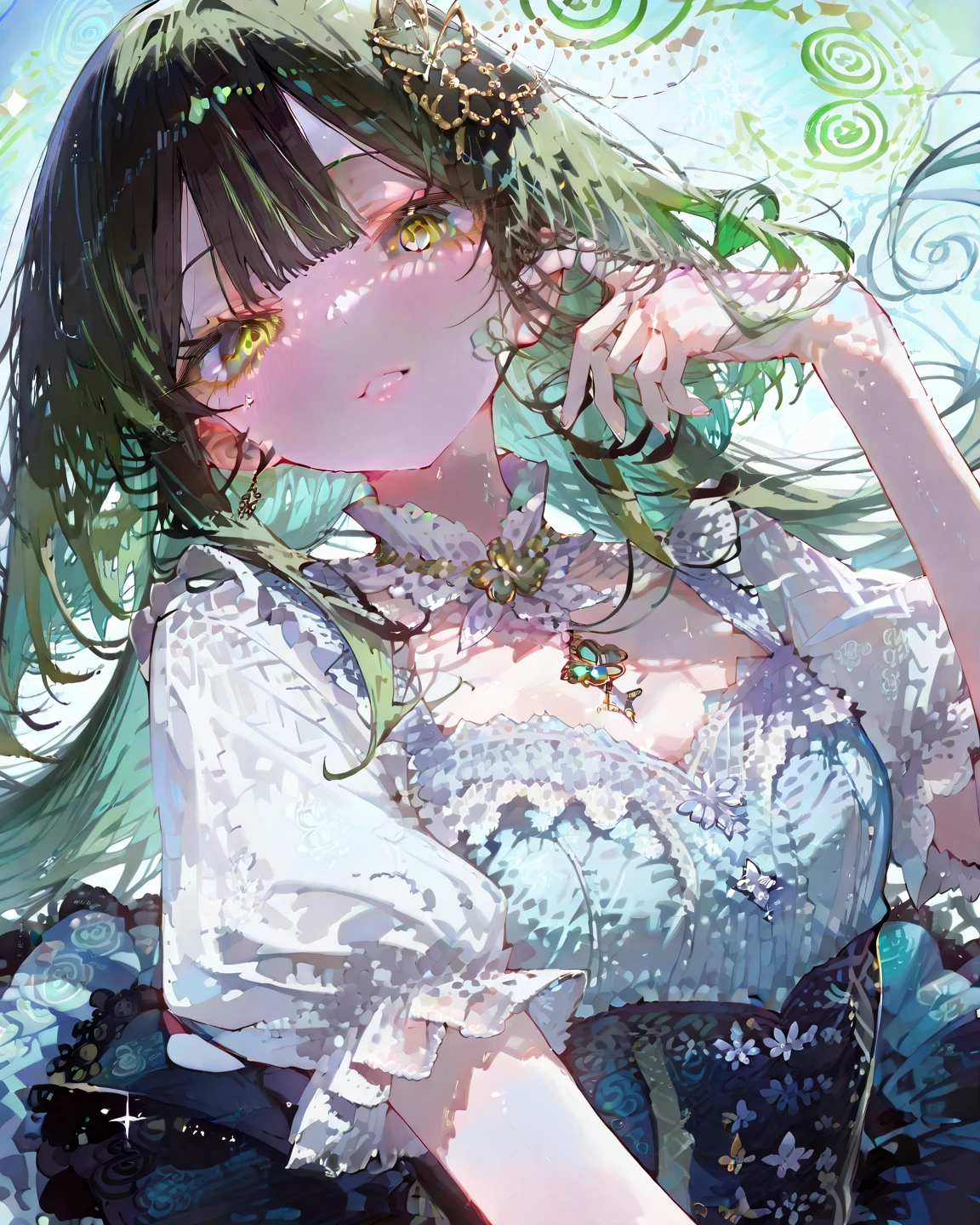 short girl, 1girl, solo, masterpiece, highres, solo, 8k, detailed, perfect face, best quality, (ultra high quality), (looking at viewers), (armpit), bare arms, small breast, sideboob, black hair, long hair, ponytail hair, hair bangs, green eyes, chinese dress, traditional dress, green dress, slim body, upper body, smile, hand up