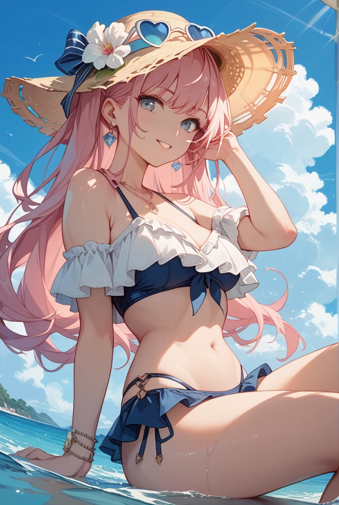 1girl, hat, breasts, jewelry, pink hair, underboob, bracelet, solo, straw hat, belt, hand on hip, looking at viewer, long hair, hat flower, medium breasts, flower, sun hat, smile, brown headwear, earrings, upper body