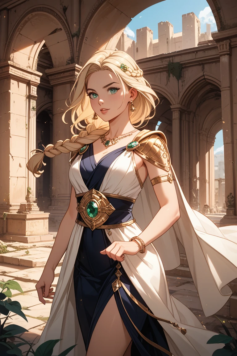 mother goddess of mercy and fertility, with blonde hair and blue eys, is fair-skinned, (looks very mild and gentle), is smiling happily, wears {(long:1.3), loose, (black:1.3), greek toga}, puts on golden circlet, ancient Delos island, palm trees, golden flowers, Greek mythology, super high quality, super hand description, HDR, photorealistic, super detail, masterpiece, 8K