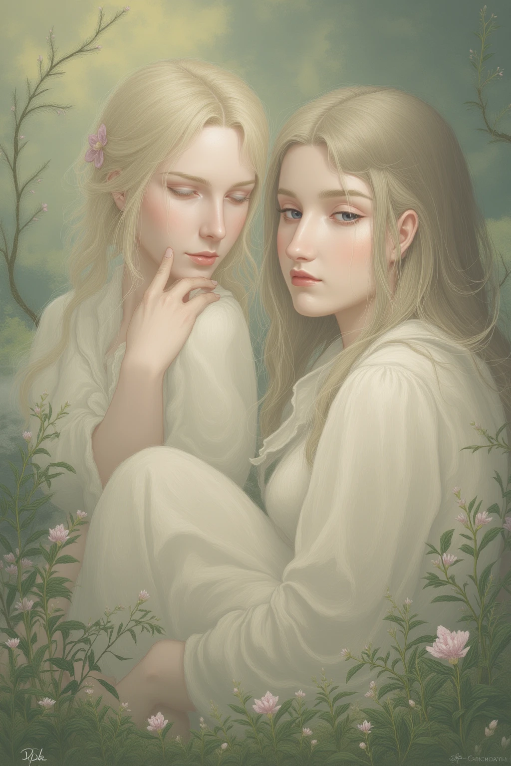 ((((3 women staring together)))), ((18 yo, close-up, portrait)) , fit , (young) , beautiful , (((pale skin, wavy white hair))), (((tight t-shirt, busty, dreamy, loving stare, magical fairytale fantasy atmosphere, magical fairytale forest, sexy))), flowers in hair, surrounded by flowers, happy, playful, ((large soft heavy breasts))