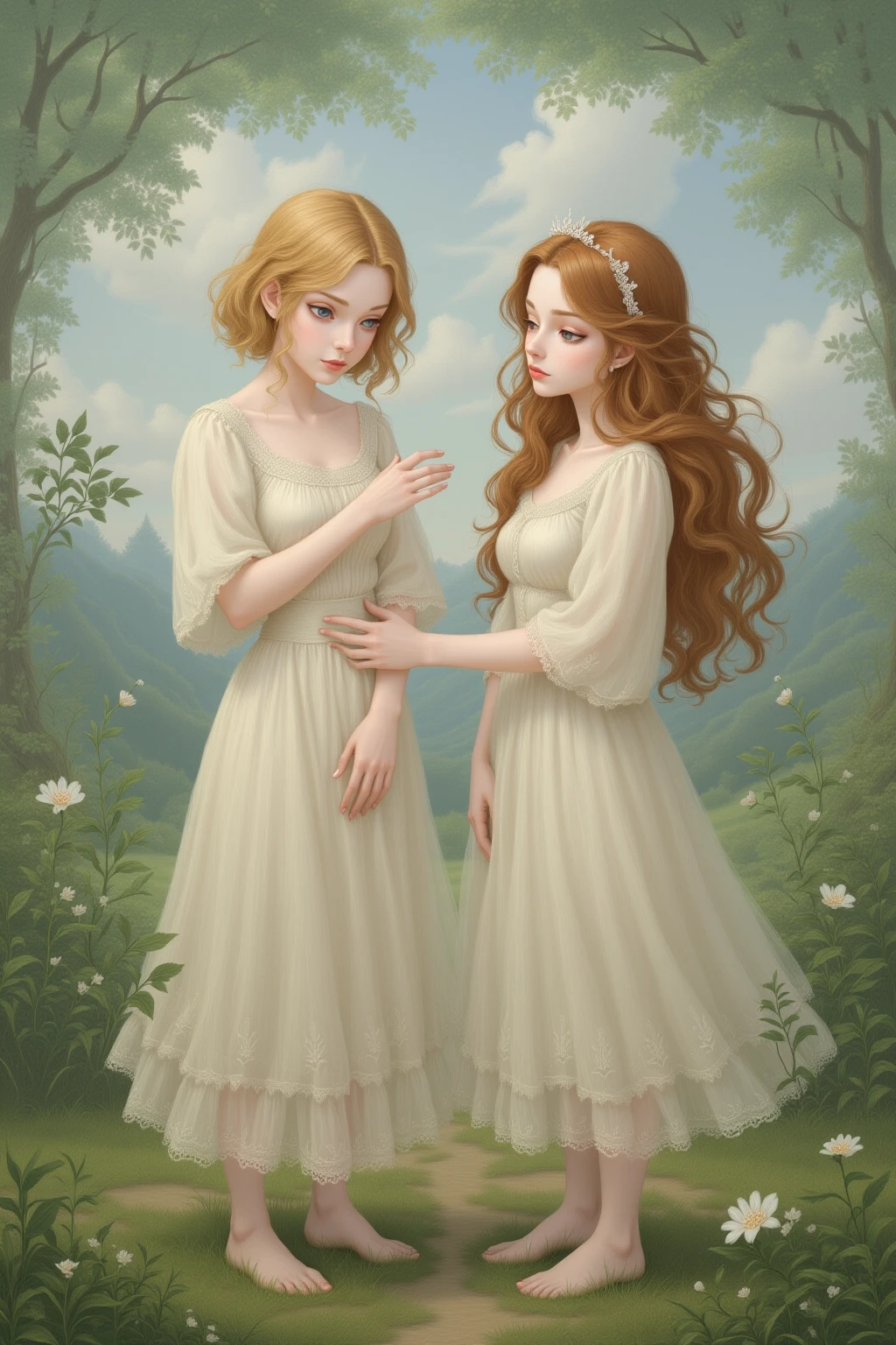 pre-raphaelite masterpiece, an extremely beautiful young fantasy princess mother and her pretty little daughter sit in a flower garden, glowing in the soft light with a photorealistic and dreamy effect. Their blonde hair is softly backlit and her sheer dress gives a glimpse of cleavage. Arches complete the surreal scene.