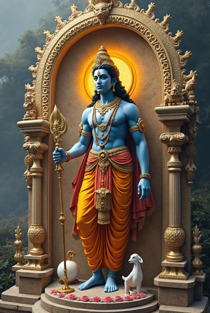 A lord Shiva full body picture front view in very detailed third eye,Lord Shiva, HyperRealistic, 3d, 8k, {{ no extra fingers, no face, no extra organ, Cute }} in black and Blueish background with fog, Shiva body blue , long hair