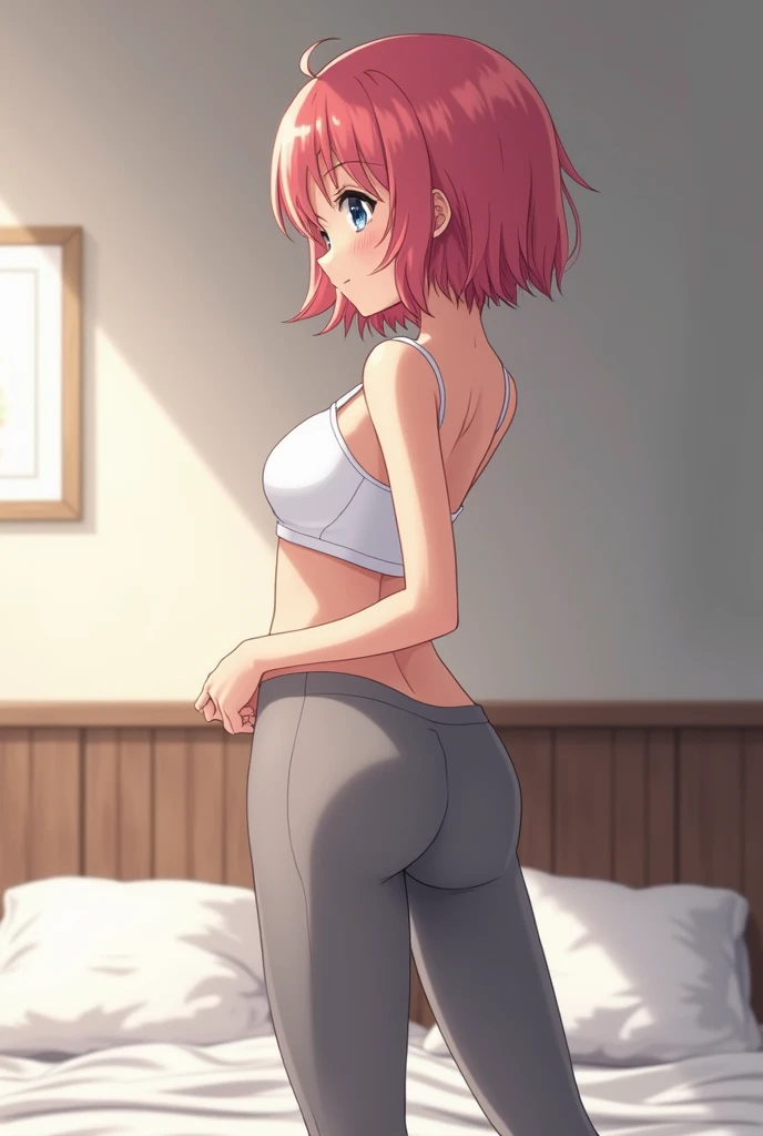 ((best quality)), ((masterpiece)), (detailed), perfect face, anime girl, pettie, small tits, round ass, booty shorts, room, bedroom, pink hair, 1920 x 1080, 4k, ((4k quality)), small girl, white t shirt