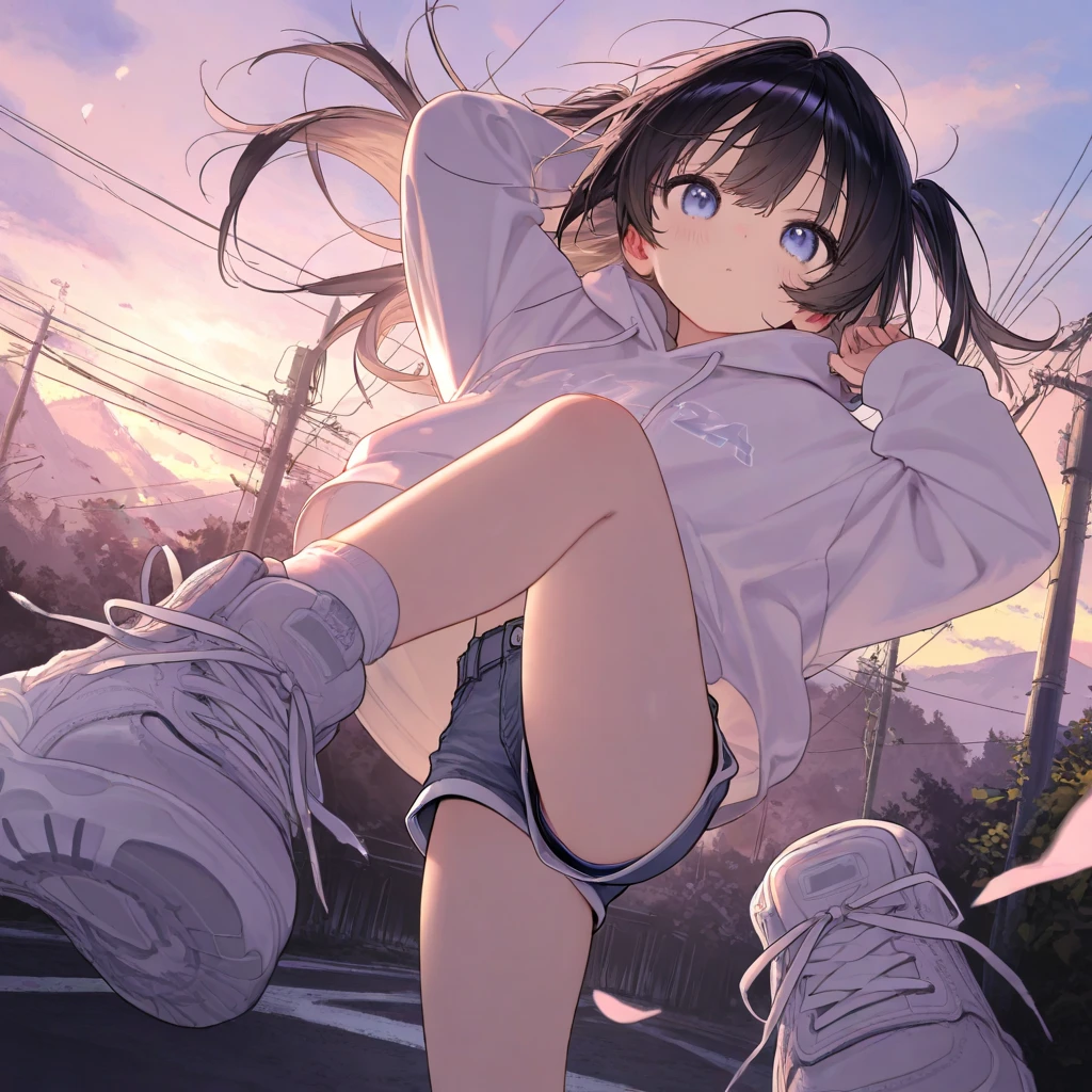 Giant Girl giant girl A giant girl is lying on the road sneakers Knee-high socks Black Stockings Skyscraper district Metropolis blue sky cumulonimbus Hands on。Unreal Engine masterpiece car crowd Five fingers Perfect hands skirt Precision painting 4k