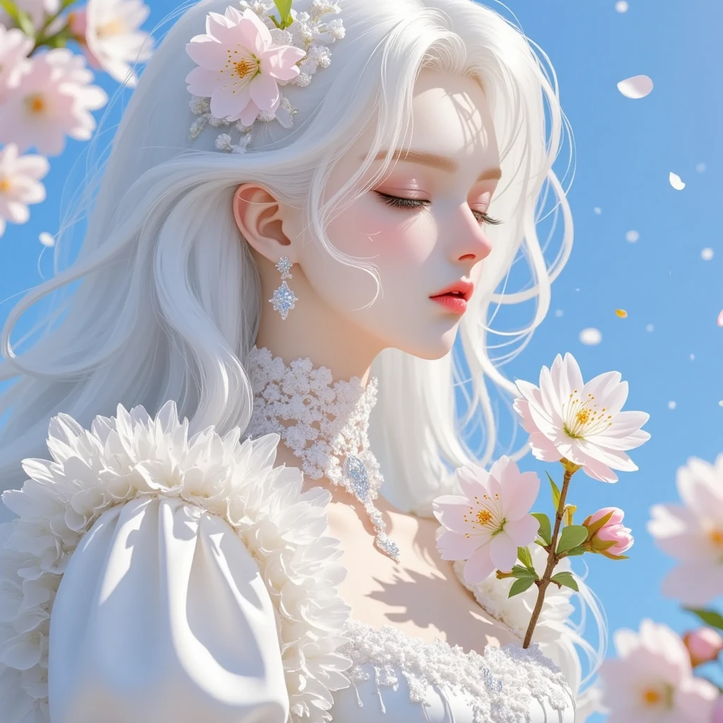 A close up of a woman in a white dress holding a bouquet - SeaArt AI