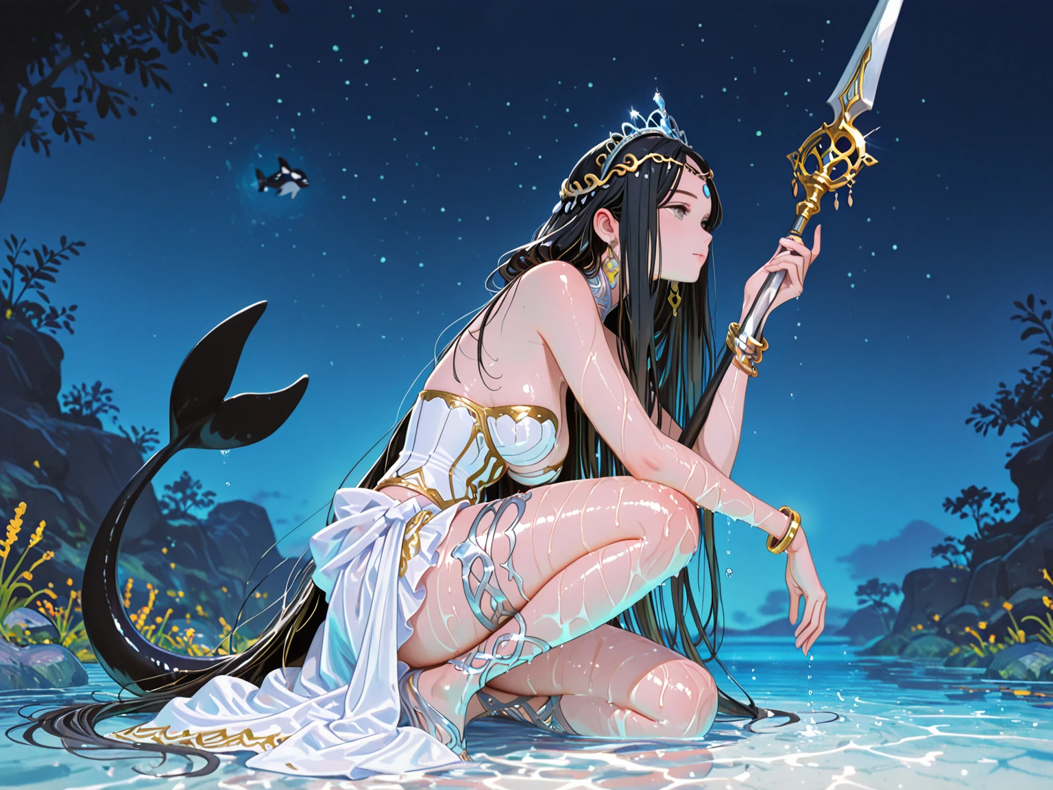1girl,solomasterpiece,best quality,high quality,highres,absurdres,very long hair,messy hair,<lora:add_detail:0.8>,<lora:eyes:0.6>,dynamic pose,(full_shot:1.2),mature,<lora:fashigirl-v6-nai-5ep-resize:0.3>,<lora:IshtarV2:0.8>,ishtar \(fate\),black hair,navel,narrow waist,perfect hands,barefoot,bare shoulders,earrings,perfect feet,long legs,