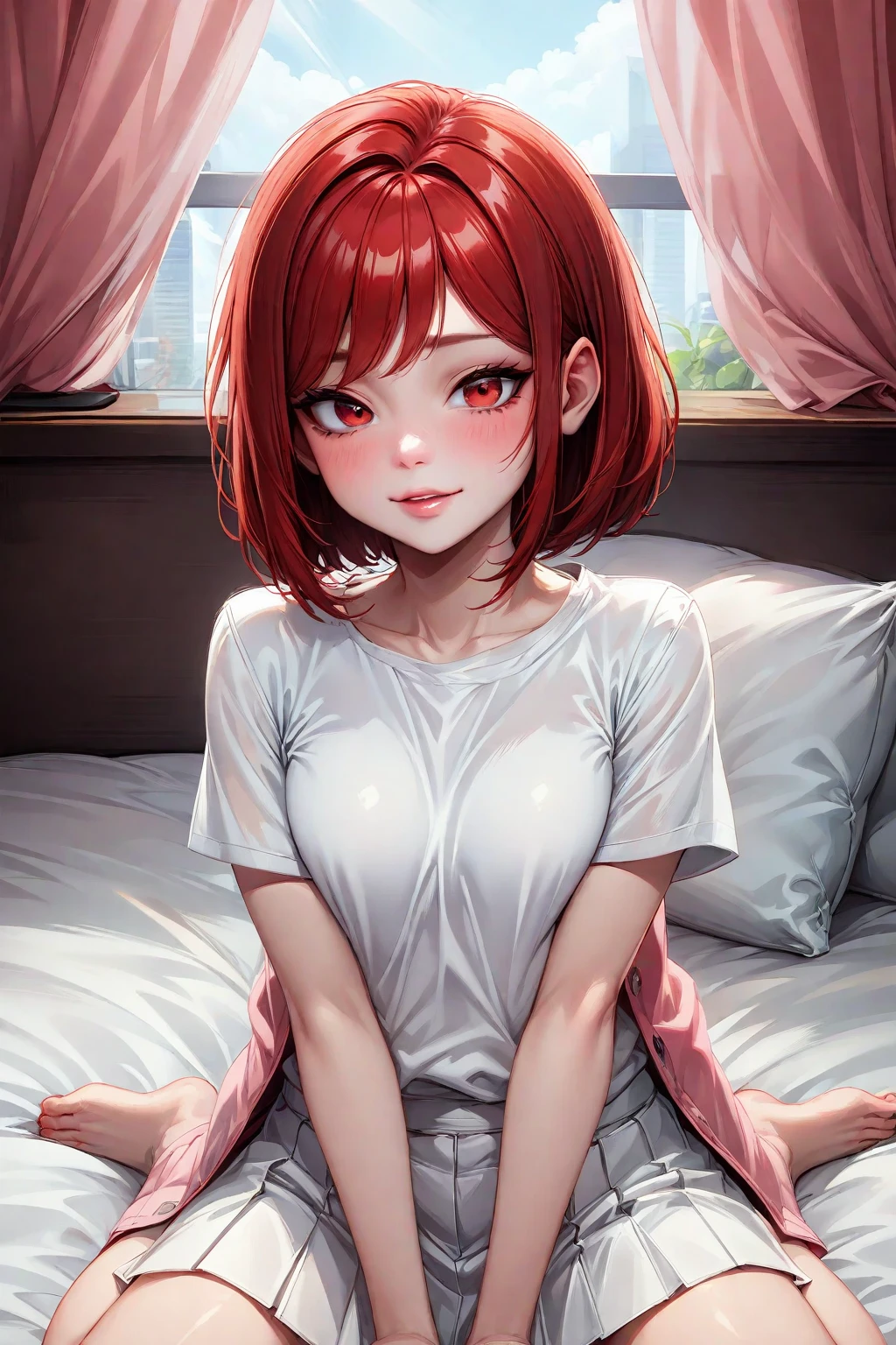 Beautiful young woman, Anime Style, Detailed face, Redhead, Red eyes, Delicate features, Soft lighting, Wearing a T-shirt, Lying in bed, Cozy bedroom,  Dynamic pose, Japanese Anime Style, high quality, Very detailed, 8K resolution, Cinema Lighting, 最high quality, Vibrant colors, Instagrammable, beautiful, trend、Erotic、sexy