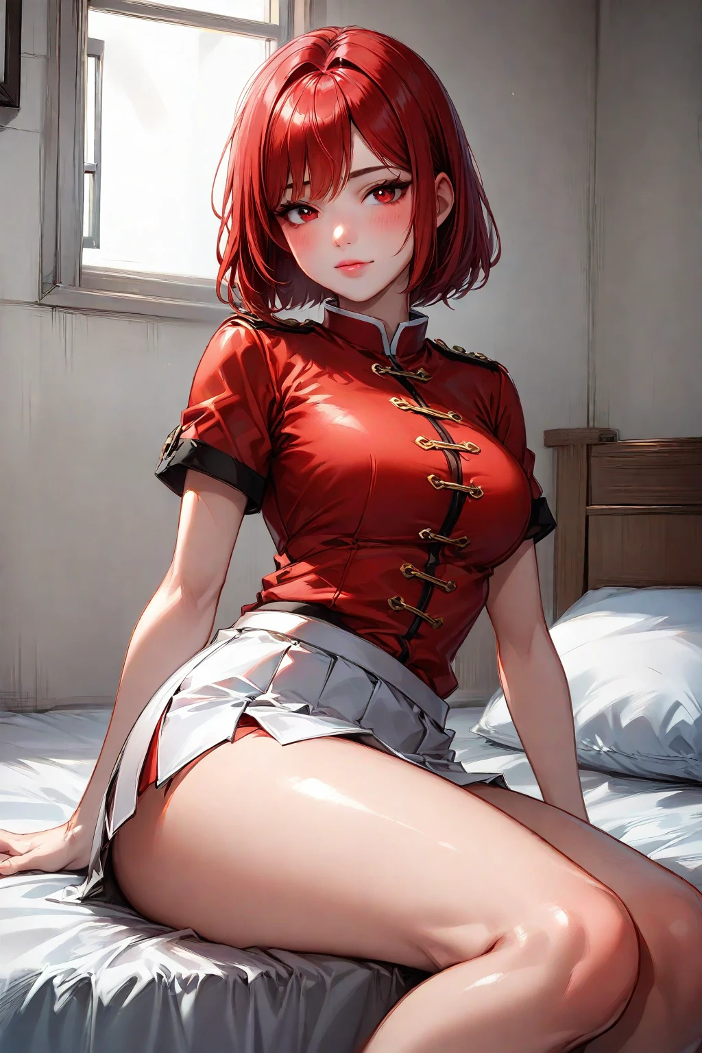 masutepiece, Best Quality, 1girl in, (karen),Red color hair, (red eyes:1.2),((qipao dress))、((a miniskirt))、((embarassed expression))、((Bedroom))、((Spread your legs apart))、((pantyhose))、((short-hair))、((Red panties))