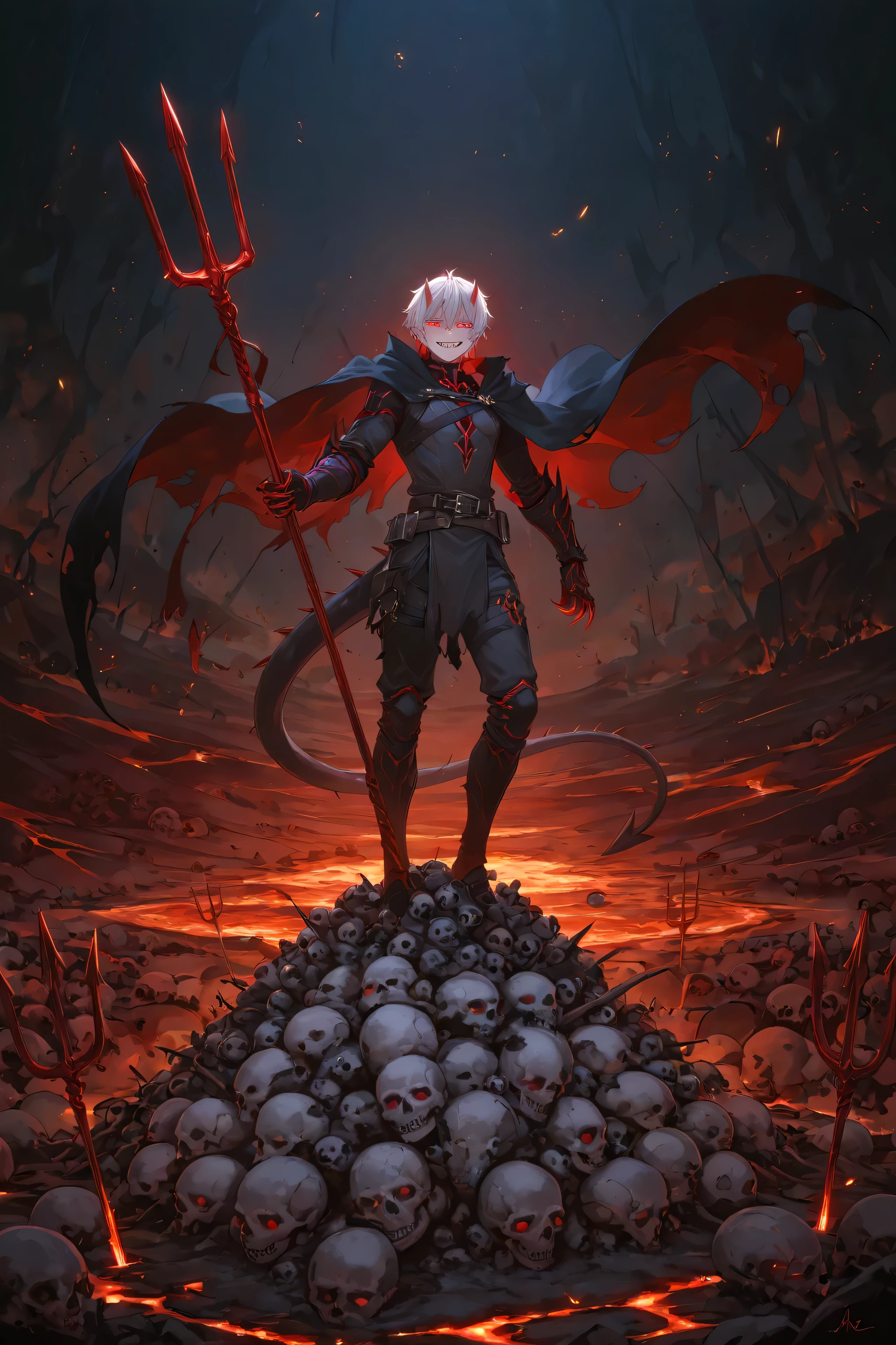 A men, perfec body, mischievous devil Boy standing on a pile of skulls, with tiny horns, a spiked tail, and glowing red eyes. He wears a torn cape and holds a miniature trident, grinning mischievously. The background is a smoky underworld with lava cracks on the ground and floating embers in the air. The character is impish and expressive, with sharp teeth and clawed hands. Stylized, high detail, dark fantasy, dramatic lighting, concept art.