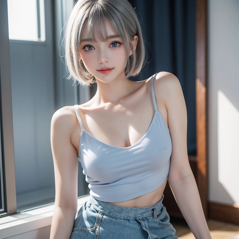 (RAW Photos: 1.2), (Photorealistic: 1.4), (Masterpiece: 1.3), (Best Quality: 1.4), Ultra High Resolution, (Detailed Eye Features), (Detailed Facial Features), (Detailed Clothing Features), HDR, 8k Resolution, Solo Focus, Bangs, Skin Tightness, Shiny Skin, (Slender Beauty), Big Breasts, 18 Years Old, No Letters, Bob Hair, Short Hair, White Hair, Blue eyes, one woman, small detailed underwear of cloth, (sits with crotch spread: 1.2), (thin thighs), smile