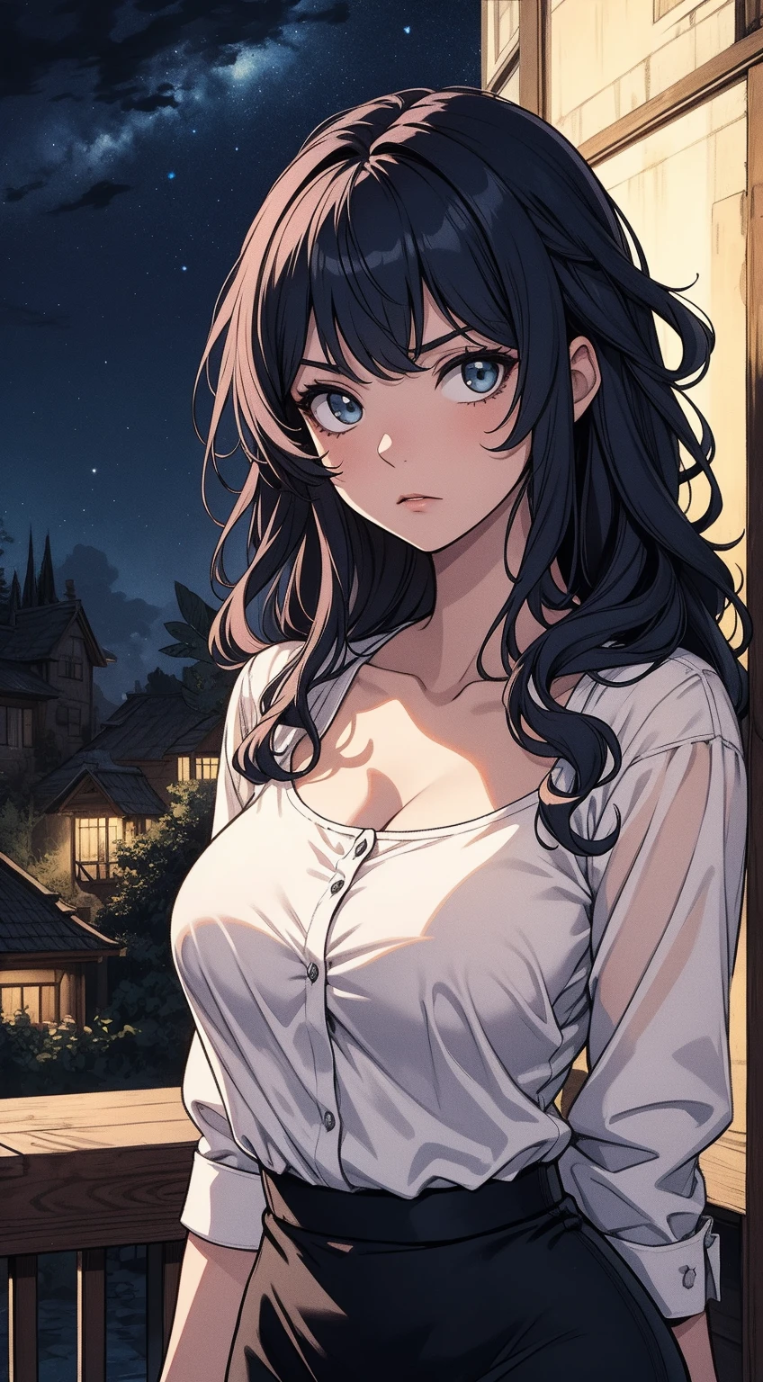 A anime brunette girl with curly hair and big breasts sits with her legs stretched out, taking a realistic photo in night