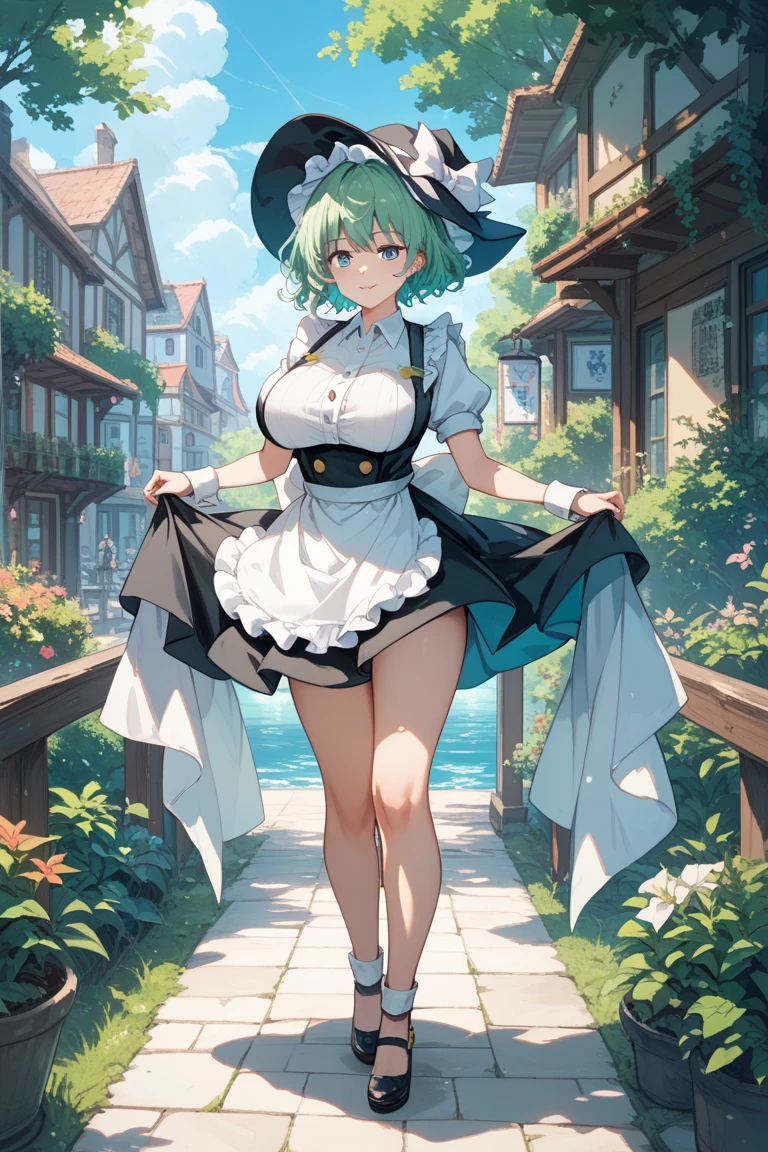 Schierke from the anime berserk standing on the bank of the river in the clearing with her hands up her dress to her stomach, full ass visible, rear view, big ass, black panties