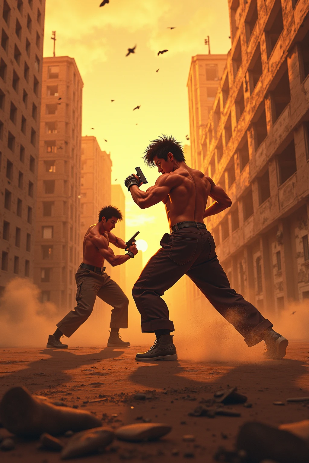 Prompt 3: In a neon-lit alley, one fighter lands a devastating elbow strike to their opponent’s ribs, causing them to gasp for breath. As a bolt of lightning illuminates the scene, blood seeps from a wound on their side, staining their shirt.
