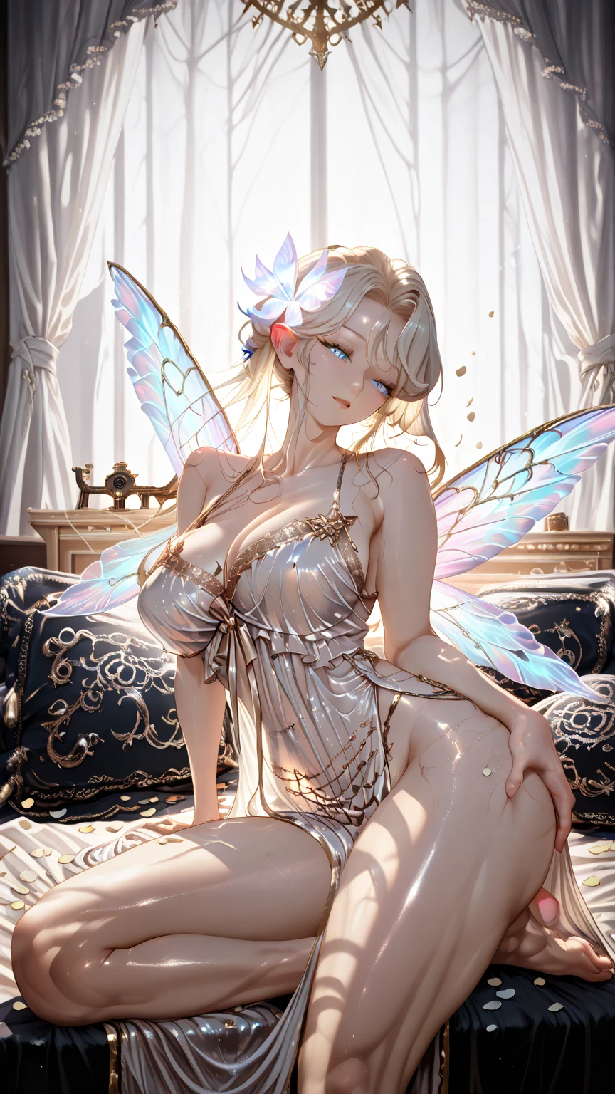 （best qualtiy， tmasterpiece， A high resolution， Glow， flood， Lens glare， wide angles）， rays of sunshine， full bodyesbian， 1 [Chino|Russian|Japanese|Korea]the Flower Fairy，Fly happily over the magical garden， 独奏， long whitr hair，Super delicate face， beauitful face， perfect hand， full face blush， （perfect  eyes） Big breasts and big breasts （ long eyelasher： 1.4）， Glowing pupils， （white stockings： 0.9），((Glowing transparent wings;1.4))， hentail realism， （highdetailskin： 1.2）， 8K, Ultra HD， digital SLR camera， high high quality， Volumetriclighting， Frankness， A high resolution， 4K， 8K， in the background bokeh， Garden of dreams，Soft lighting, ( Bokeh)，Transparent feather drop effect， Spring flowers，