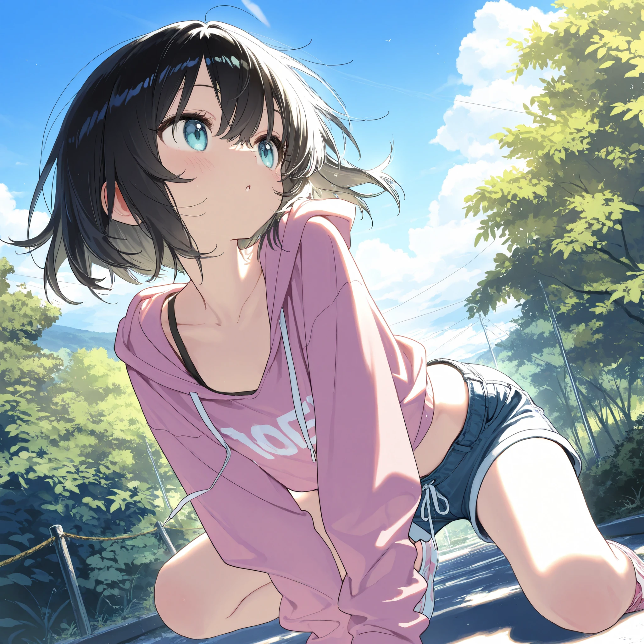 (Best Quality,4K,8K,hight resolution,masutepiece:1.2), Ultra-detailed, (Realistic,photoRealistic,photo-Realistic:1.37), ((cowboy shot)),(full body)),((slender body)),((sitting)),((hold one’s knees)),((very-short-hair-girl)), Wearing sweat,grin,((sports bra and black leggings)), wristbands,((White loose socks)),((socks over the leggings)),((sneakers)),Beautiful detailed eyes, Beautiful detailed lips, extremely detailed eye and face, long eyelashes, Realistic anime 3D style, Smooth Anime CG Art, Digital rendering by Makoto Shinkai, Moe Anime Art Style, photoRealistic rendering of an anime girl, Shinkai Makoto style, Cute anime girl visuals, Realistic young anime girl, girl fan art, Created by Anime Artist'studio of.