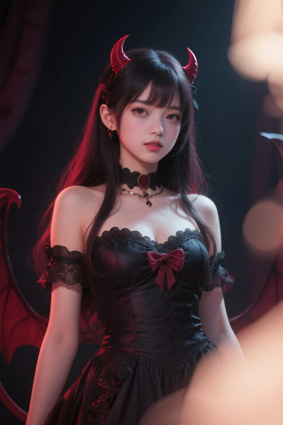 highest quality, shape, Very detailed, In detail, High resolution, 8k wallpaper, Perfect dynamic composition, Beautiful details, dress,Random Hairstyles, Perfect Anatomy，Center of chest, Natural color lip, Random sexy poses,Woman with perfect body，(devil:1.3),Visible up to the legs