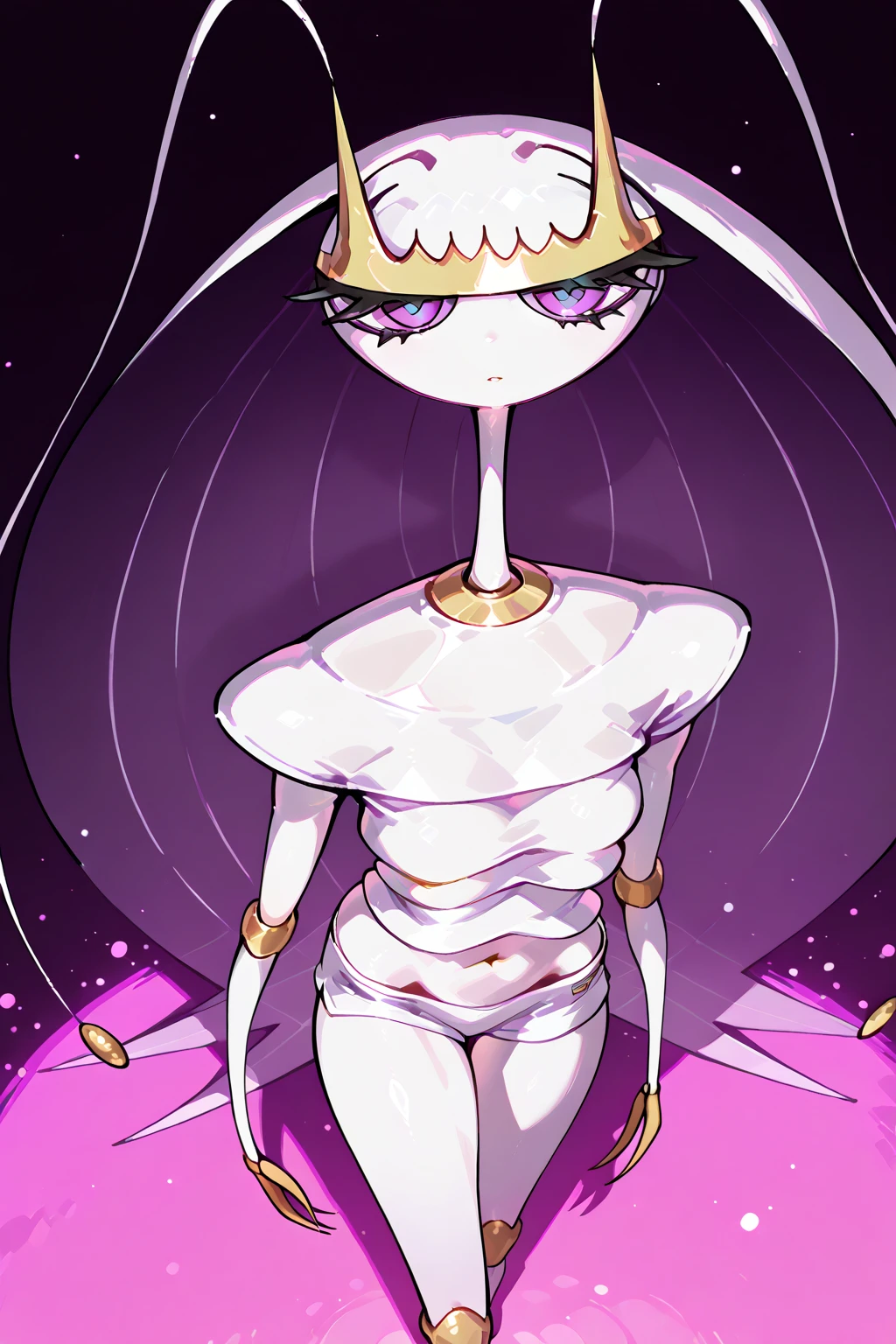 a queen of octopuses wearing a crown on her head. She has eight tentacles with suckers and her eyes are large and bright. Her skin is a deep shade of purple and her crown is made of shells and pearls. She is sitting on a throne made of coral and seaweed, with the ocean in the background. She looks powerful and regal, with an aura of mystery and intelligence.