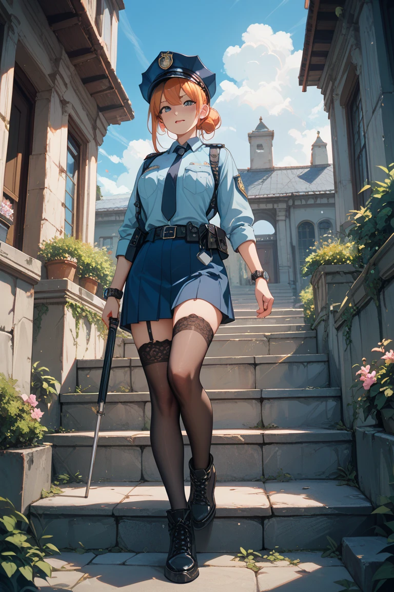 solo, 1girl, kugisaki nobara, expressionless, looking at viewer, holding hammer, school uniform, black jacket, long sleeves, black skirt, pantyhose, belt, outdoors <lora:jjk_kugisaki_xl-000004:1>