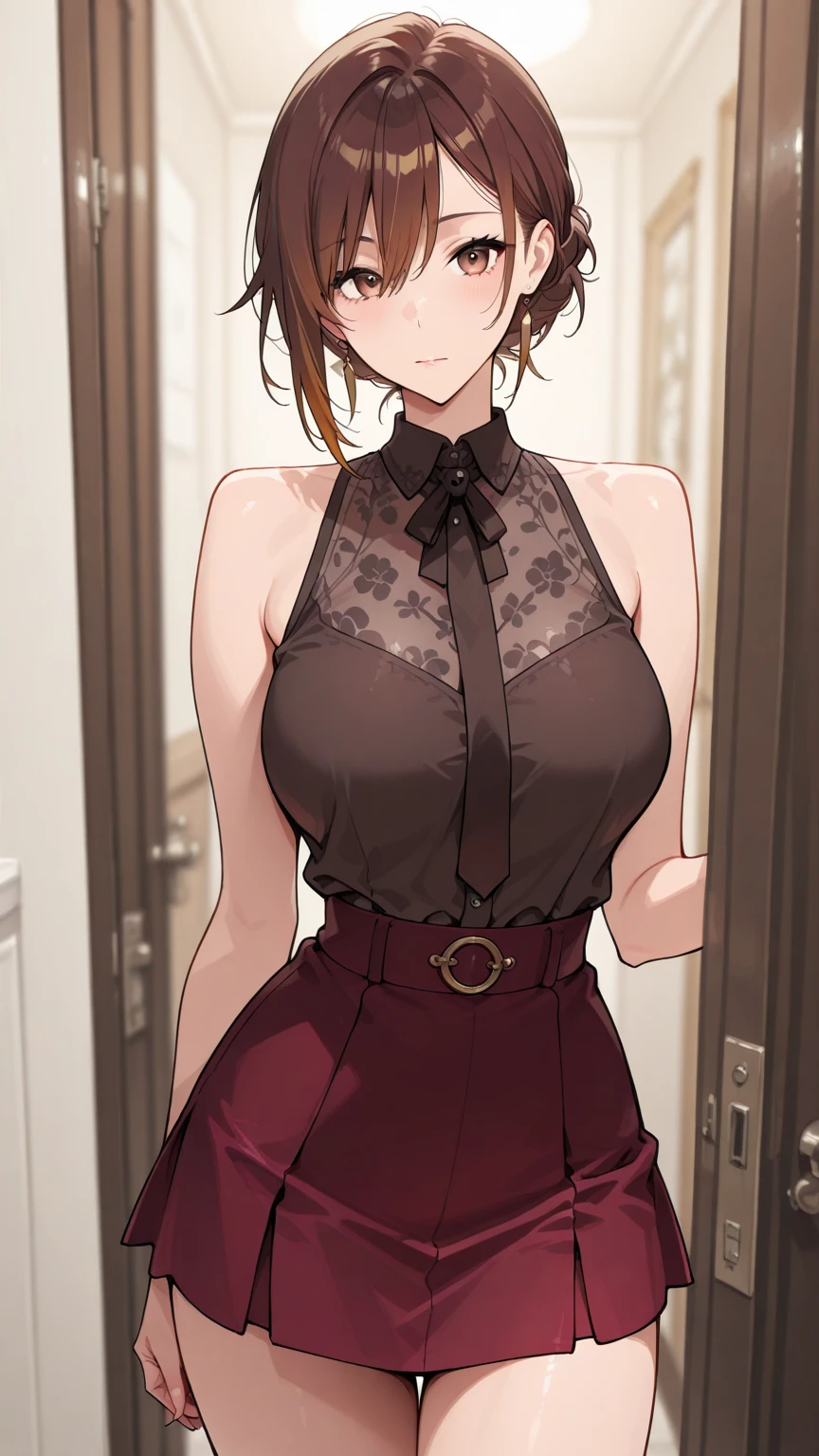 (masterpiece)), ((best quality)), (Super detailed), ((Very detailed)), 4K, (8K), best quality, (Fair),(((world class quality))), Very detailed, High resolution, (Detailed shading for a beautiful face), whole body, become a, alone, ((())), (((Breast sagging))),Grey sweater hip skirt,indoor,Smile,noble,There is a gold bracelet on the right hand,Brown wavy short hair,stockings