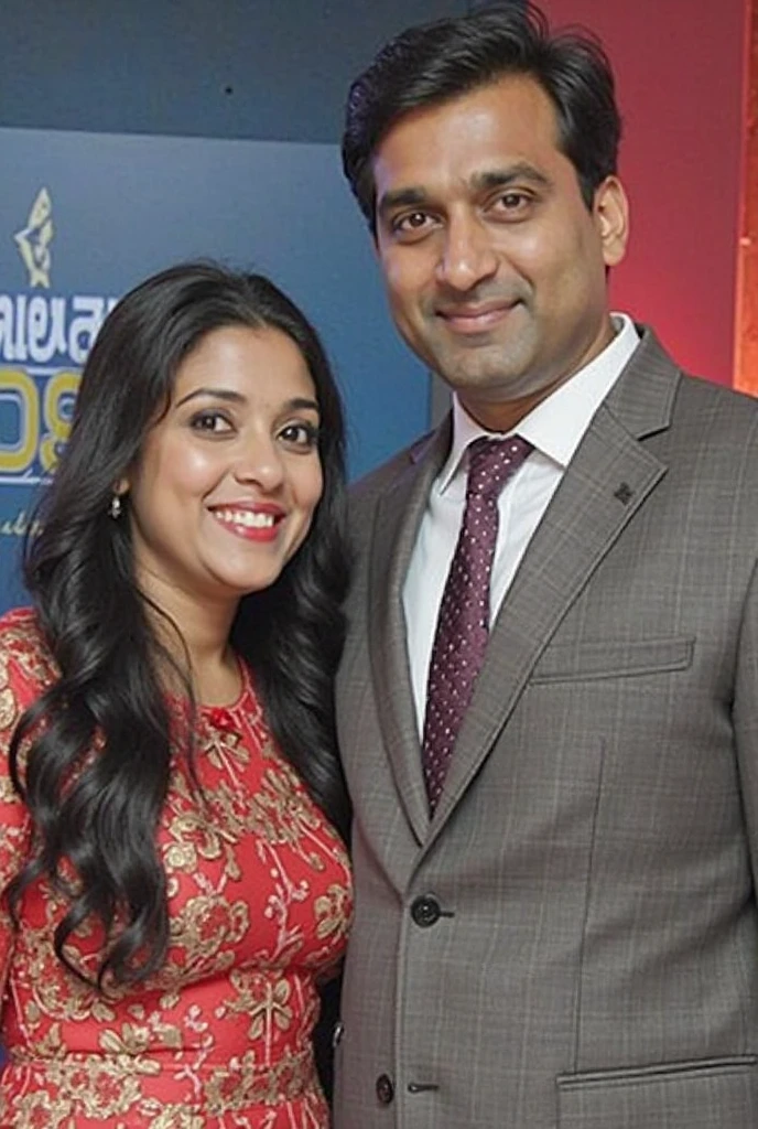 Create a realistic photograph of a smiling and beautiful indian actress in blue satin is carrying a large stout man on her shoulders in a room, man is sitting on top of her shoulders , man on top, woman standing at bottom 
