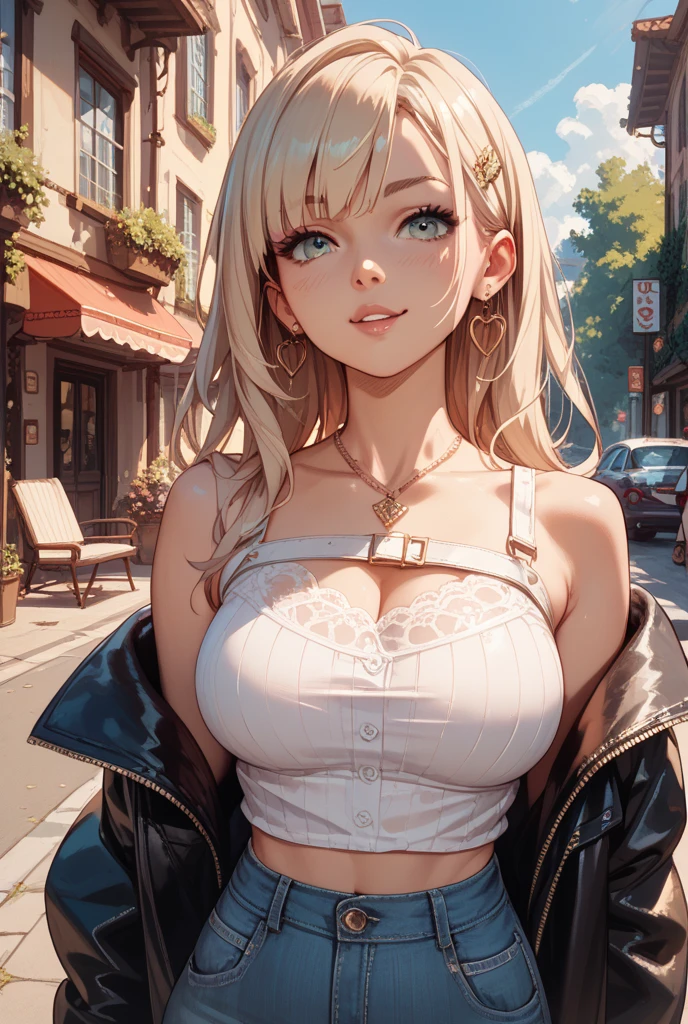(masterpiece), (portrait), medium breasts (aesthetics), ((1 39 year old girl)), ((long straight hair)), ((white punk wavy hair with bangs, long fluffy hair)) , beautiful hair, thin eyes and open eyes, blue eyes, cute, feminine, woman, feminine features, high quality, gothic clothing, professional angle, (rule of thirds), feminine features, solo, (attractive Korean woman), spring, (ink mist), (night), (vibrant light), seductive, ((flirtatious look))), strap blouse, hip Long Off Shoulder, Hip Hop, light fabric blouse, beautiful leather jacket, cute puffy skirt ((energy)), (bold makeup), (medium breasts), tanned skin, (details of the Hip Hop look), (thin straps with *X* neckline), (Beautiful neckline), beautiful body, beautiful eyes, eyes bright, romantic smile, beautiful mouth, beautiful lips, seductive pose (best quality, ultra-detailed, photorealistic: 1.39 ), bright and vibrant colors, studio lighting, romantic expression, seductive, walking on the street