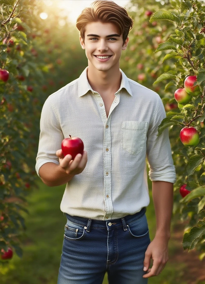Young handsome cute white skinny beautiful face without shirt in an apple garden holding a basket and eating an apple