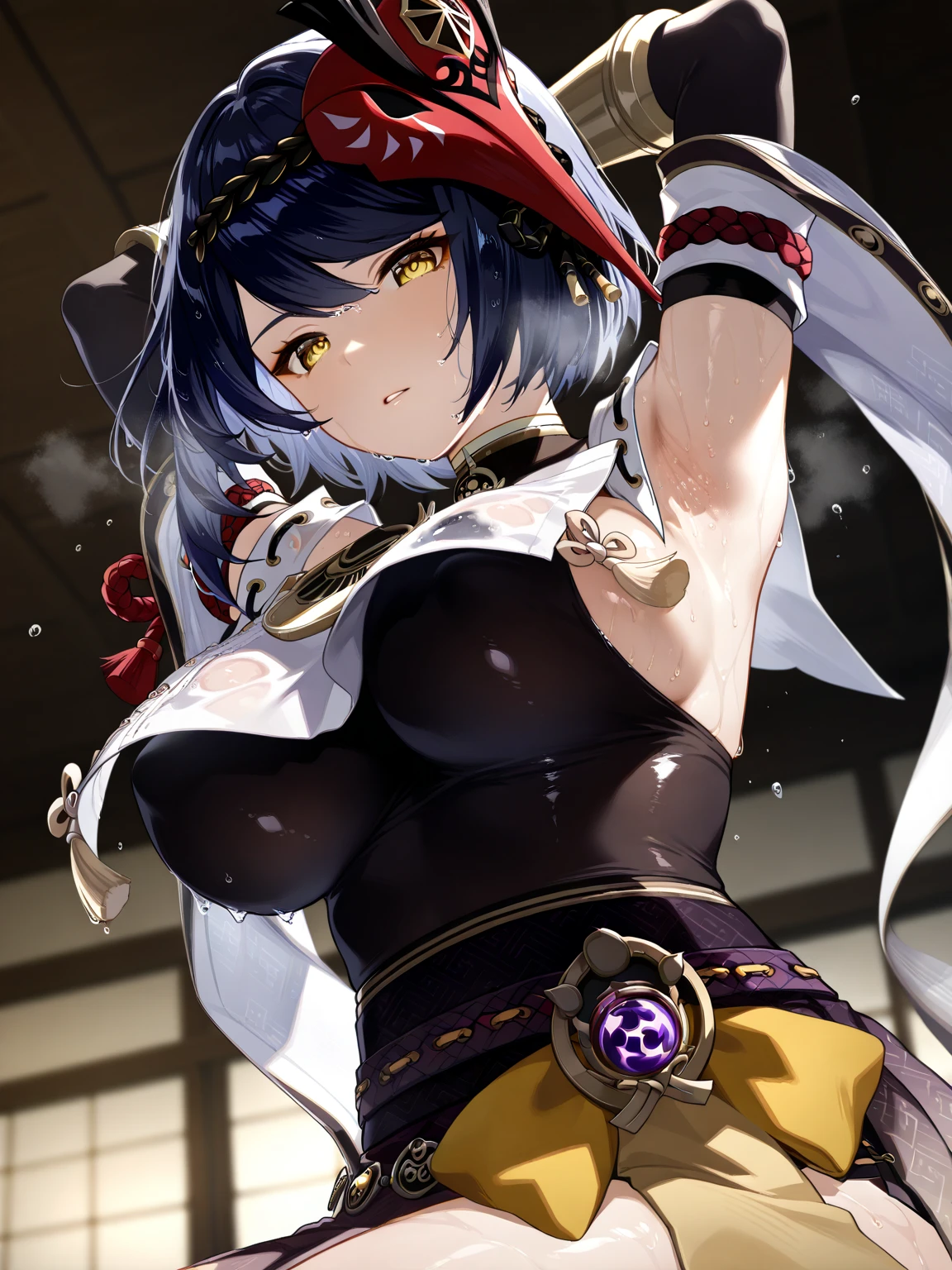 Ultra-realistic 8k CG，tmasterpiece，（（Ultra Detailed Backgrounds，delicate patterns，Complicated details）），The best quality at its best，very vey very detailed face，highly detailed eyes and faces，very detailed eyes，Kochou Shinobu，multi-colored hair，without bangs，hair intake，Purple eye，haori，Butterflies，Obi Strip，（Patience of the sad：1.2），purple flower，The sky is predominantly cloudy，rays of sunshine，Tyndall effect，Gradient_skye，s face，Beautiful sky，Sabre on the belt，Mesmerizing posture，（large breasts:1.3)，（cleavage:1.3)，（Off-the-shoulder outfit:1.6)