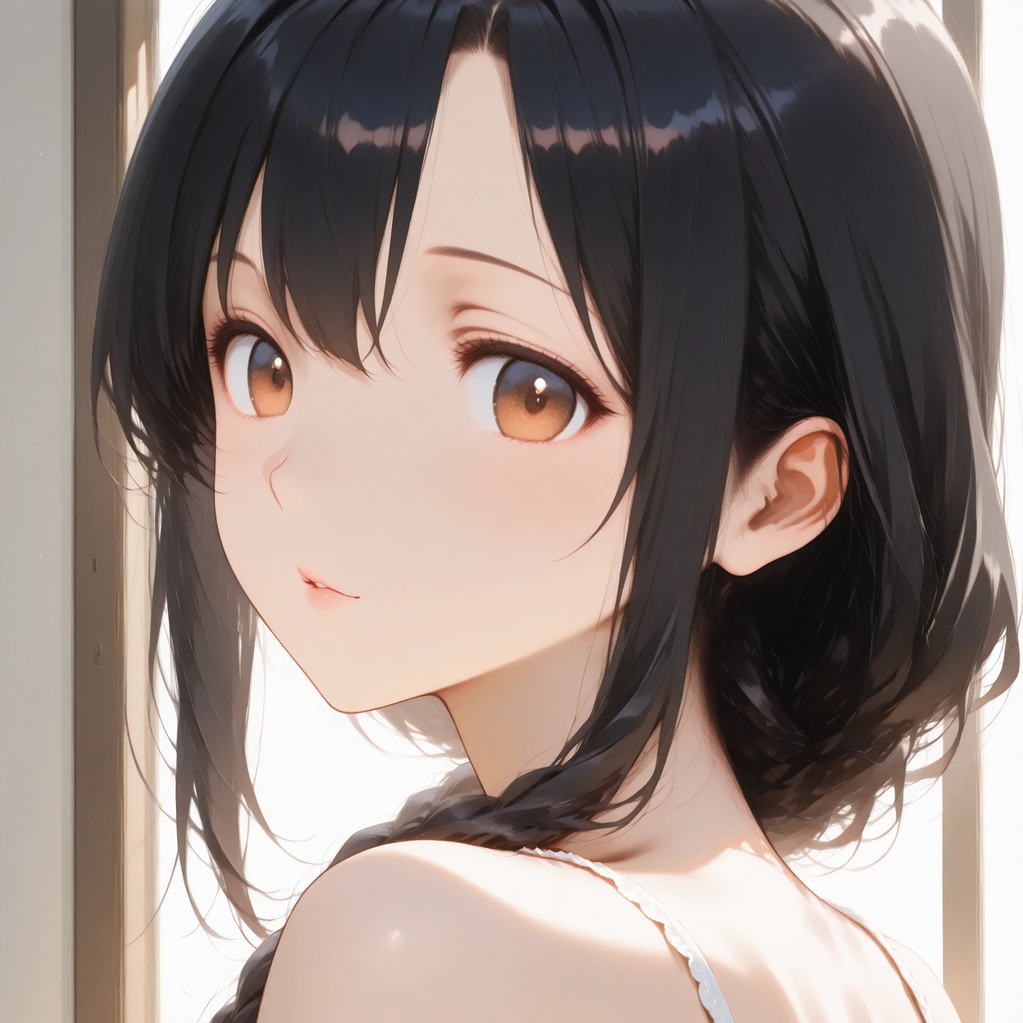 highest quality、Highest image quality、realistic、Japanese、girl、look up、cute、orange eyes、short hair、black hair、all back、Forehead is coming out、church、Wedding dress、joy、slender、small breasts、