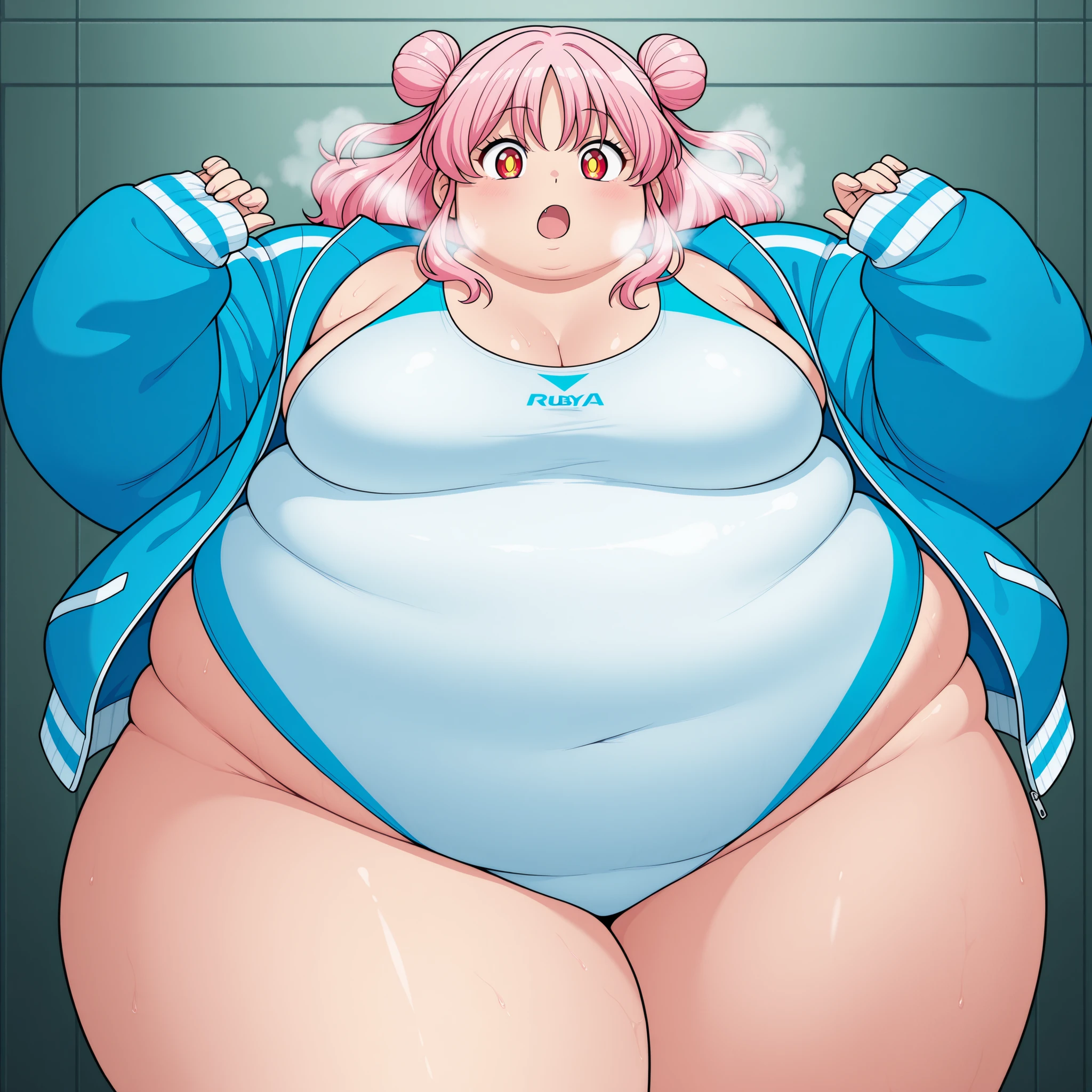 Anime fat man with a big belly and a big belly, fat man, extremely face face , he has a jiggly fat round belly, obese ), obese, fat belly, an obese, morbidly obese, insanely inflated hips,fat thighs, fat butt , big stomach, his belly is fat , background ( bedroom ), expression ( Pleasure)(anime boy )), (((Tan skin))), ((white and pink hair)),(( hair Styled into a Bunand braided ponytail )) , ((white half jacket)) ((Skimpy white shorts)) , ,(evil aura)), anime artstyle, anime art style, unknown artstyle, aura, accurate, 2 d anime style, , high quality anime artstyle, yandere((masterpiece, High aesthetic, high quality))