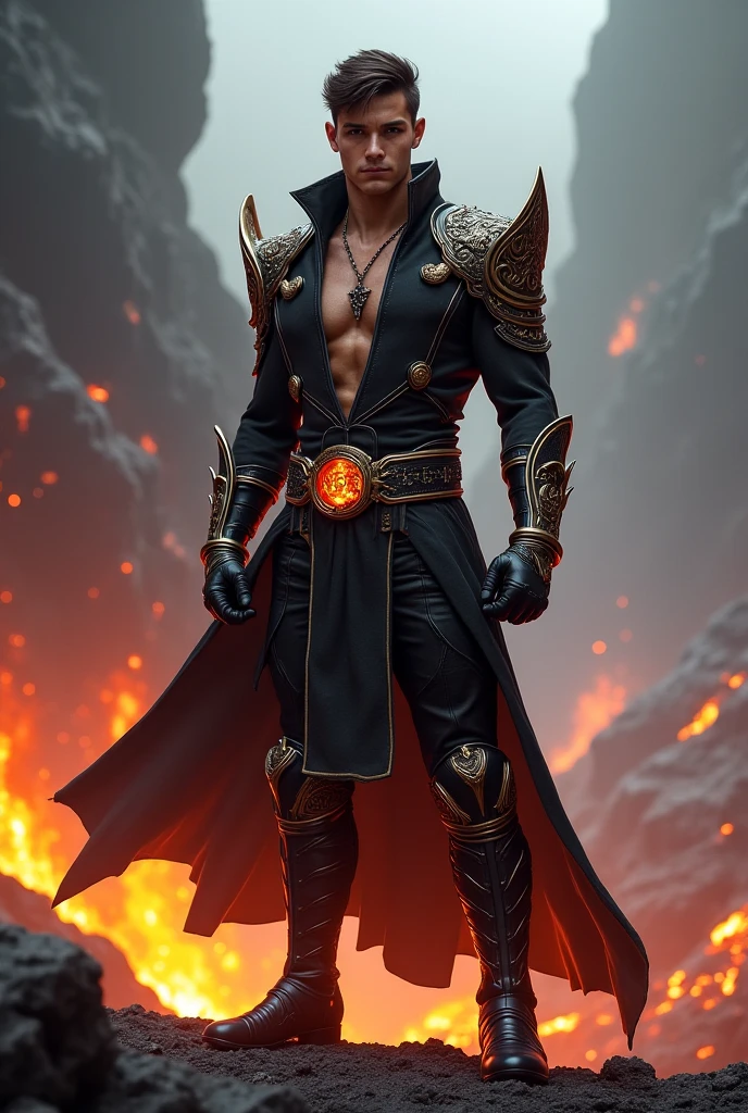 (Bulgarian man), emb3r4rmor, wearing embers coat, burning, glowing, dynamic pose, fighting stance, (fantasy city background),, realistic, masterpiece, intricate details, detailed background, depth of field, photo of a handsome man,