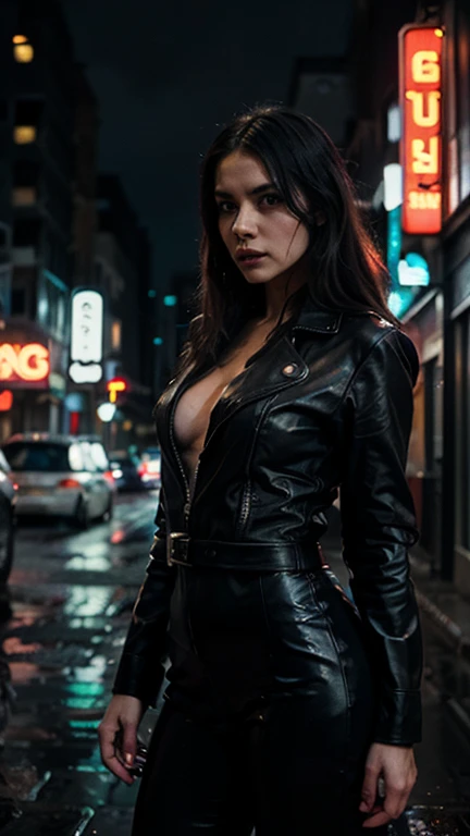 Candid closeup photo, front view, Scarlett Johansson, black leather trench coat, black lace lingerie, black stockings with garters, posing on night street, looking at viewer, soft light passing through hair, depth of field, bokeh, (night),