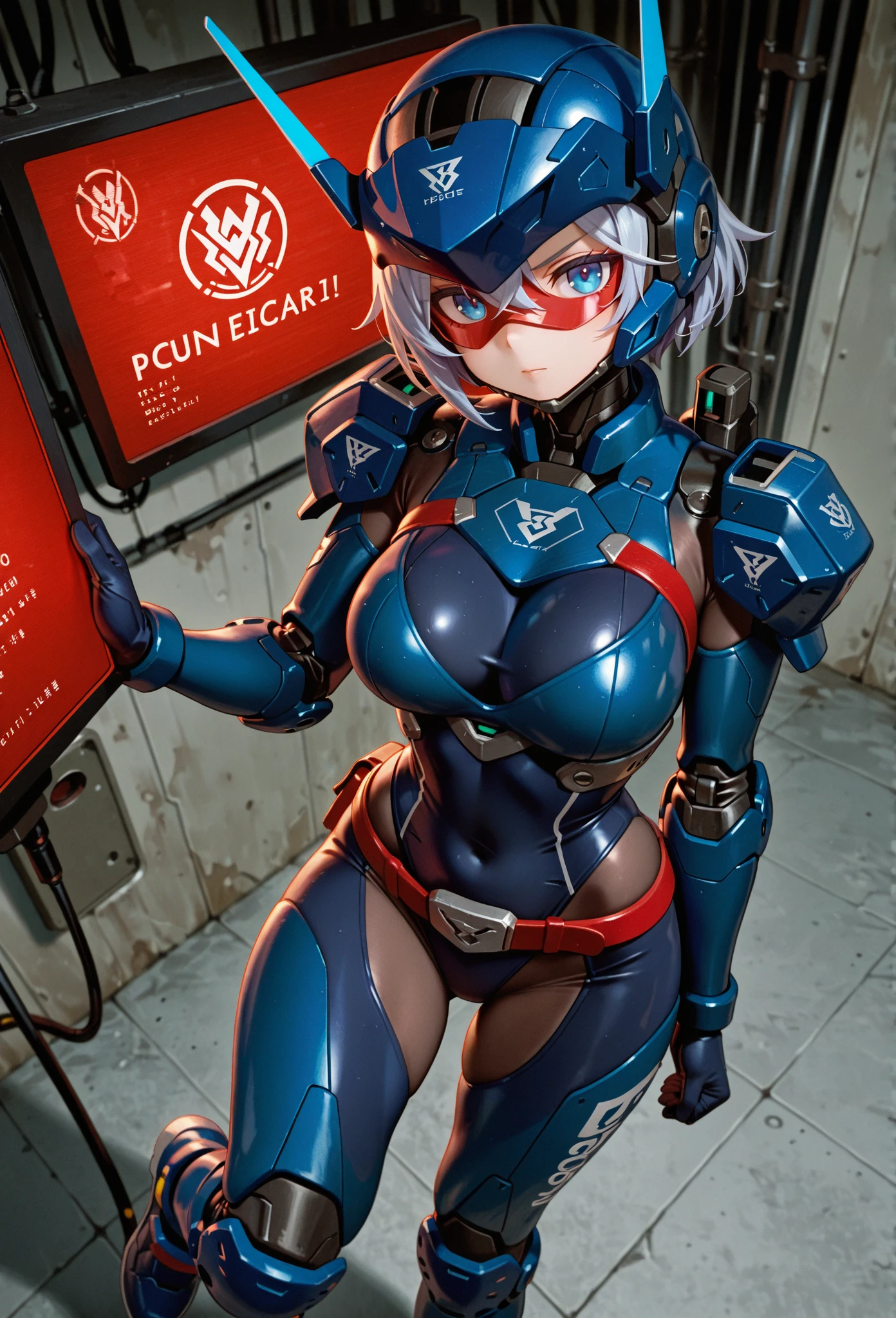 (masterpiece, best quality), solo woman, alone, Looking at viewer, rem_re_zero, ((Full Body:1.5)), (massive female bodybuilder:1.8), ((Huge Breasts:2)), (Naked), ((Perfect anatomy)), blue hair, short hair,cowboy shot, (office:1.4), arms at side
