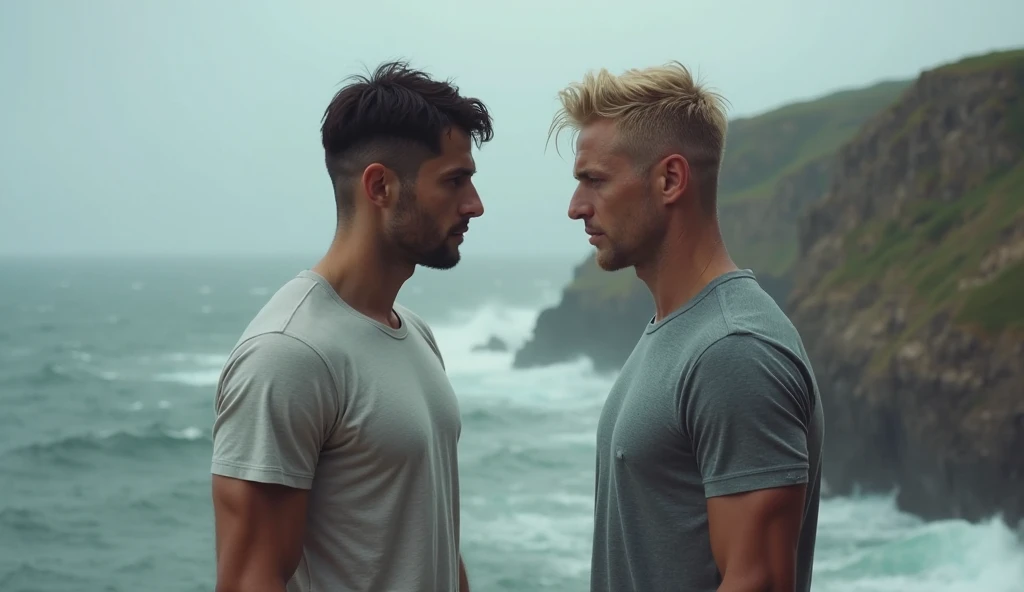 An Asian man, wearing no shirt, with tattoos, muscular and very tall, de costas para homem americano sem beard, with formal clothes, brown hair and youthful appearance, sem beard, They have their backs to each other, on a boat on the high seas