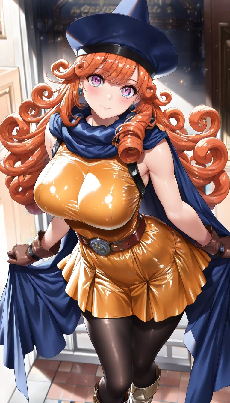 A beautiful woman with long, round hair and shoulder-length braids is standing blushing in an orange high-leg leotard that shows a little of her chest.。Emphasis on the crotch。