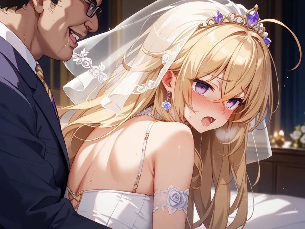 ((Highest quality)), ((masterpiece)), (detailed), (Perfect Face)、The woman is Tiare, Has green eyes, medium length blonde hair, Wearing an engagement ring.、The woman is wearing a gorgeous and dazzling Victorian princess dress, Gorgeous see-through cape and sequined skirt, Gorgeous jeweled headdress chain, Gorgeous gemstone earrings、Raped by a butler、Creampie