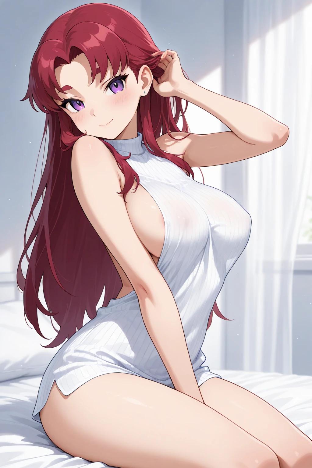 detailed, dense, masterpiece, a girl, Beautiful big breasts, Wearing a white cardigan, Everlasting,Stand by the bed,There were blankets, long red hair, 16 years old, Light滑的皮肤, 发Light的皮肤, 发Light的头发, clear eyes, 发Light的眼睛,blue eyes, pale pink lips, (The audience looks down: 0. 8) Smile, cheeks dyed red, very shy, open mouth, through bangs, white sleeves, white coat, a girl, soft skin,good understanding, 发Light的皮肤, Light, 丰富的Light, room Lighting, Simple gold necklace, Diamond necklace, white lace文胸, white lace, white lace内衣, high angle, low angle, (masterpiece: 1.0), (actual: 1.6), (soft focus: 1.5),Black,