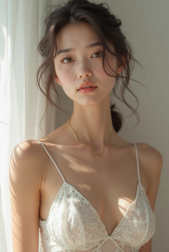 (((best quality))), (((ultra detailed))), (((masterpiece))), illustration,((a beautiful girl,solo)),(long straight bob:0.8),((slim,thin)),((small breasts,flat chest)),(strapless torn sheer bra:1.3), (delicate skin:1.2), ,(in dark dilapidated bedroom:1.3),(rundown hotel:1.3),((faded walls, peeling paint, dusty carpet)),((window, city view, weak lights)),(majestic Eiffel Tower:1.3),(smile:1.2), tranquility, rough surroundings, edgy beauty,detailed eyes, hidden fire, soul,(summer:1.2),(night scene:1.3),((from front,close-up of face))
