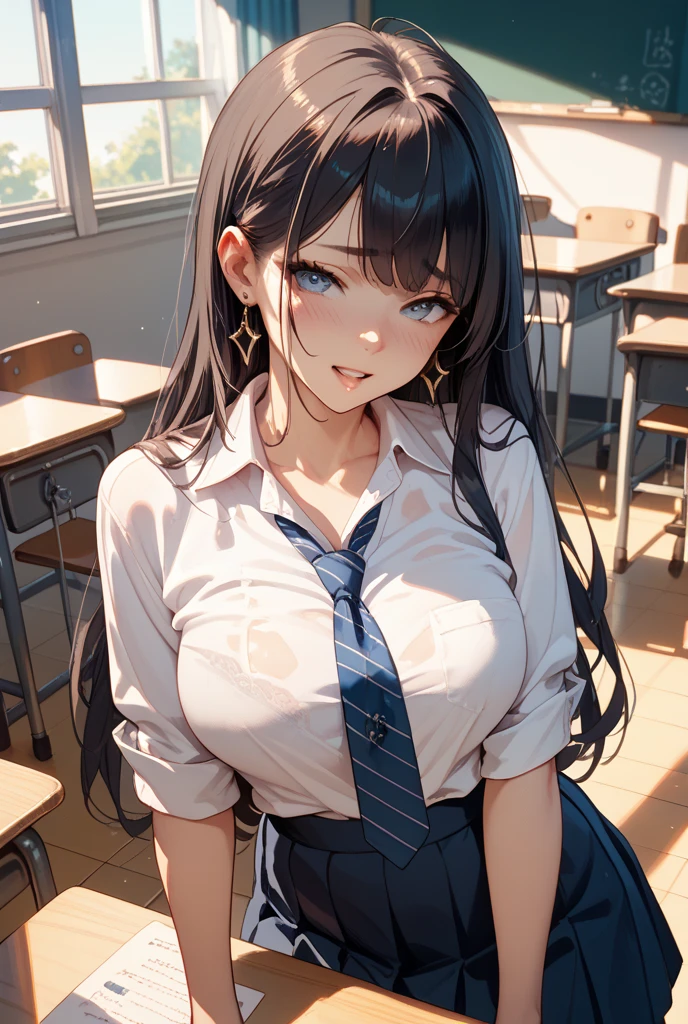 (8K、best image quality、highest quality、masterpiece)、detailed face、((1 baby girl))、black hair、twintails、blunt bangs、gray eyes、evil smile、((grin))、small breasts、((Unbuttoned white shirt))、((cleavage))、((black pleated skirt))、((miniskirt))、((open legs))、cowboy shot、sit at desk、classroom background、POV、((nsfw))
