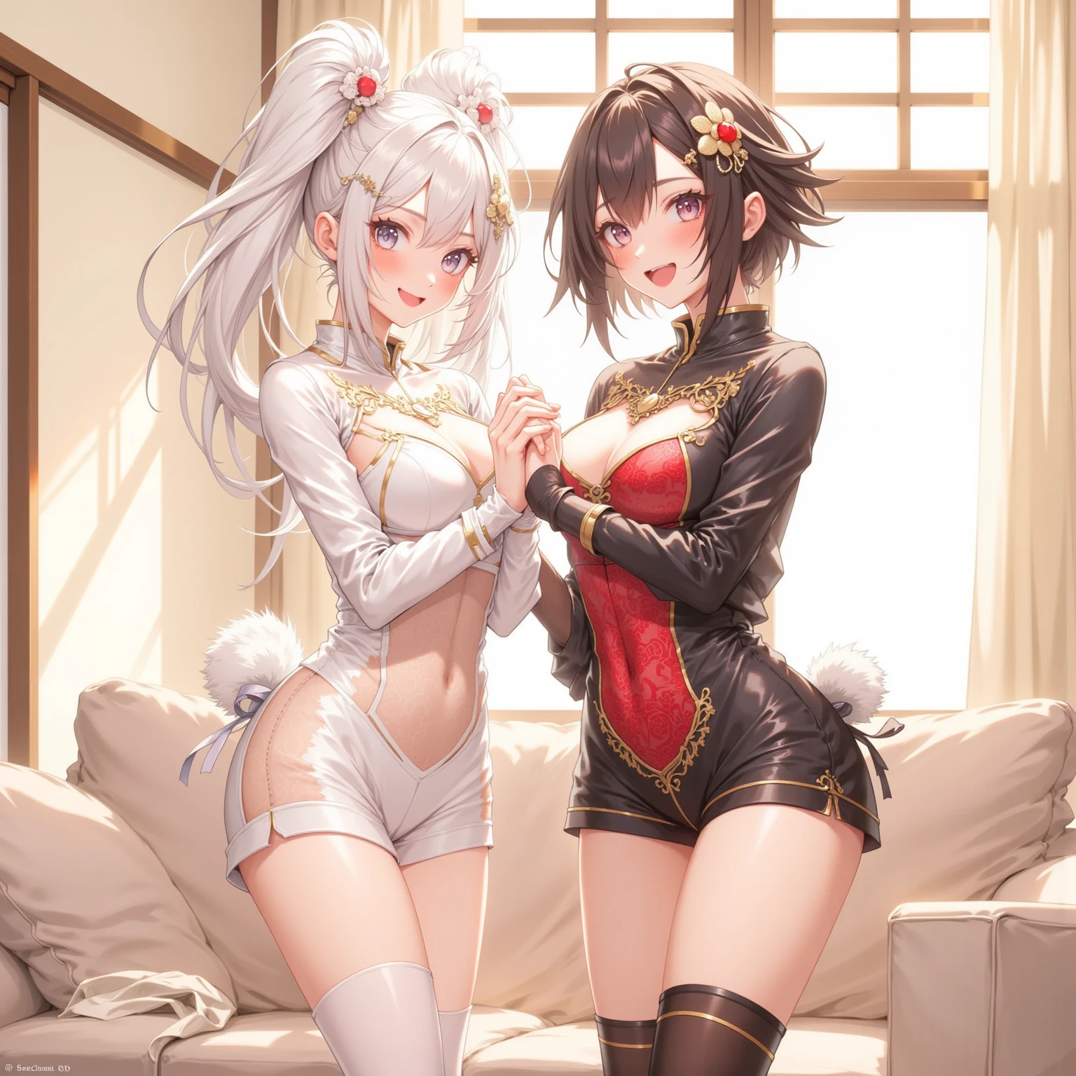 Three anime girls lying on bed，Back crossed, All wearing one-piece tights，All wear one-piece white tights，Anime girls, pixiv 3dcg, eechi, Edgeie anime style, 8K high quality detailed art, Best Rated on pixiv, girls resting, Loli, anime moe art style, Detailed digital anime art, zerochan art, Waifu, Three Moira, Anime goddess, leering（（did not wear panties））