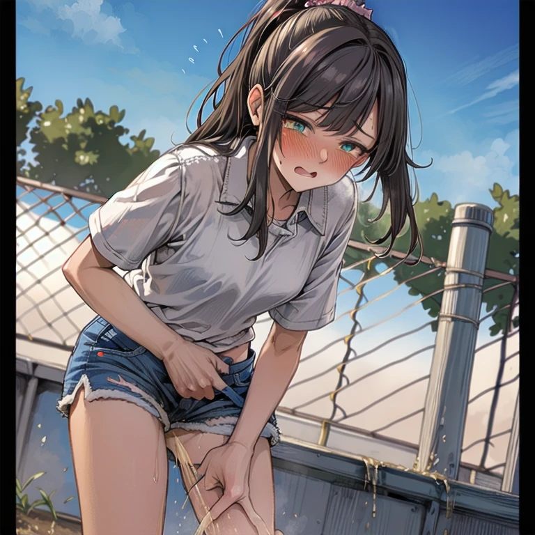 NSFW, (masterpiece, top quality, best quality, highly detailed:1.6), extremely detailed CG unity 8k wallpaper, (full body), wide shot, long shot, (leaning forward,close knees, touching crotch, pee running down legs:2.5), (((standing))), (((clutching crotch))), strong facial expression, (sharp eye:1.2), (scowl:1.1), (embarrassed, blush:1.3), (steam:1.9), (wet:1.2), (sweat:1.1), (trembling:1.3), (open mouth, wavy mouth:1.4), (clenched teeth:1.7), (closed eyes:1.5), (feeling weak:1.5), (shoot from front, looking at viewer:1.2), (light blue denim, toreador pants:1.5), (at midnight), night, park, woman, outdoor, (T-shirt, sandals:1.5), (long hair, dark brown hair, ponytail:1.5), (long hair, ponytail, dark brown hair:1.5), (woman trembling with sexual climax:1.5), (Be incontinent:1.5), colorful, perfect composition, urination, incontinence, piss, peeing self, (((pee stream))), (pee puddle), wetting herself, pee stain, large breasts, Yellow pee, ((leaking pee)), puddle of pee, Pee at your pants, Pee spread on the floor, Pee stains, Dripping pee between my legs, Feet wet from pee, Pee-covered pants, Pee at your pants, want to pee, about to pee, Full bladder, Pee-soaked pants, Pee-soaked sandals, natural makeup,