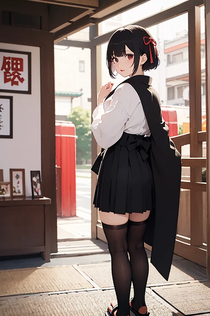 masterpiece, best quality, ancient destroyer oni, abyssal ship, shinkaisei kan, cowboy shot, (from behind, bent over, looking back:1.3),  dynamic pose, 1girl, pale skin, white skin, blue eyes, black hair, drill hair+side ponytail, black hakama, hakama skirt, kimono, striped skirt, black gloves, wide sleeves, thigh boots, black thighhighs, intricate details, amazing fine details, splendid illustration
