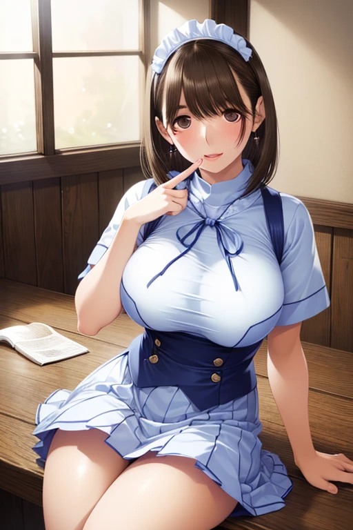 (((masterpiece) (((((best quality))))((high resolution))))), Very detailed, Ultra-realistic, )、、locker room、Cardigan、White、White、Black Hair、Large Breasts、、Change clothes、((Poker face))、from above.Standing、Look away