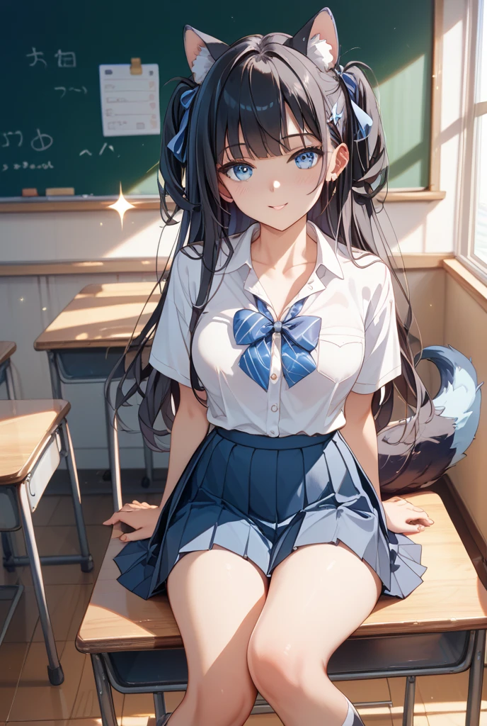 (best quality,highres:1.2),ultra-detailed,realistic,sexy school uniform,ripping school uniform,blue hair,cat ears,cat tail,sexy pose,embarrassed,vivid colors,sharp focus,studio lighting.