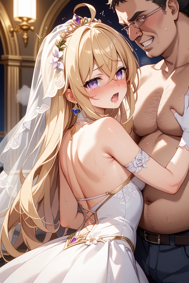 ((Highest quality)), ((masterpiece)), (detailed), (Perfect Face)、The woman is a tiare with green eyes, blonde medium-long hair, and an engagement ring. She takes off her underwear, straddles the man on the bed, inserts his penis into her pussy, and makes him ejaculate. The couple has sex while still in their wedding dress.、The woman is wearing a gorgeous, dazzlingly jeweled wedding dress, a wedding veil, a gorgeously jeweled wedding headdress chain, gorgeous jeweled earrings, and other gorgeous, glittering accessories, and is in her marital bedroom with a dignified, bearded, elderly man.、The man is a naked, dignified, bearded old man, very wealthy and wearing an engagement ring.