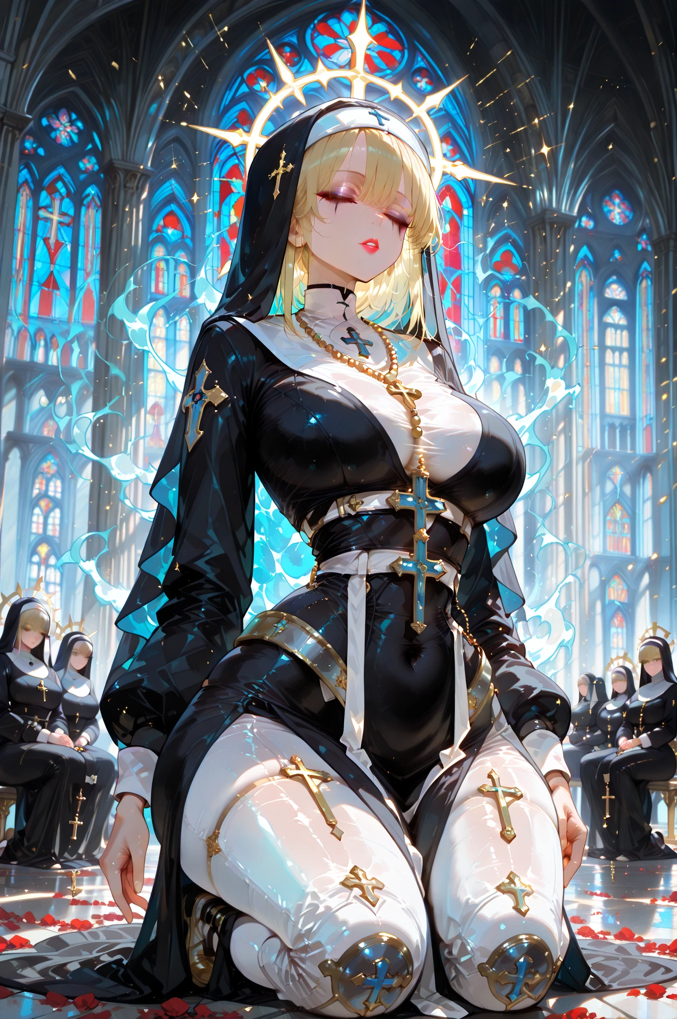 upper body, dutch angle, prayer, cathedral, sunny, lines of light, ambient light, rounded window, mosaic window, flying feathers around, interlocked fingers, own hands clasped, own hands together, eyes half closed, masterpiece, higres, best quality, blurry, Yomi, short hair, blue eyes, blonde hair, large breasts, cleavage, revealing clothes, black dress, detached collar, nun, habit, veil, black breast curtains, black thighhighs, detached sleeves, bridal gauntlets, elbow gloves, underwear, panties, garter straps, black footwear,   <lora:Yomi3_lora-05:0.8>      <lora:more_details:0.4>   prayhands, interlocked fingers, own hands together,   <lora:prayhands3:0.6>