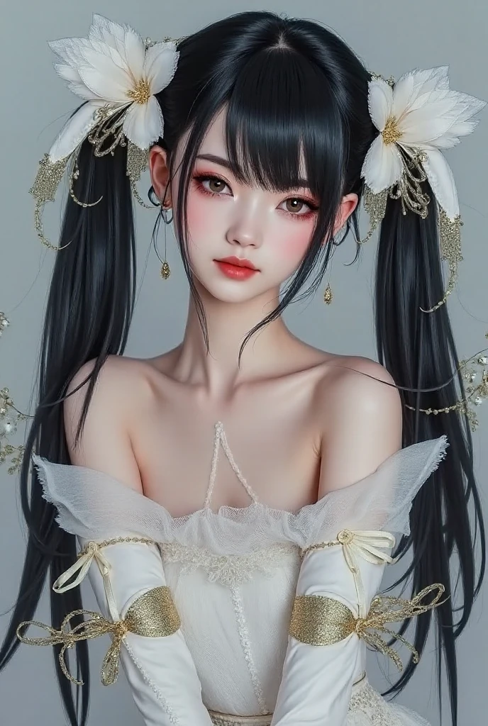 ((best quality)), ((masterpiece)), (detailed), perfect face, full body, black dress, black hair, long hair, hime hair style, elf ear, big tits, big ass, white pale skin, flower background
